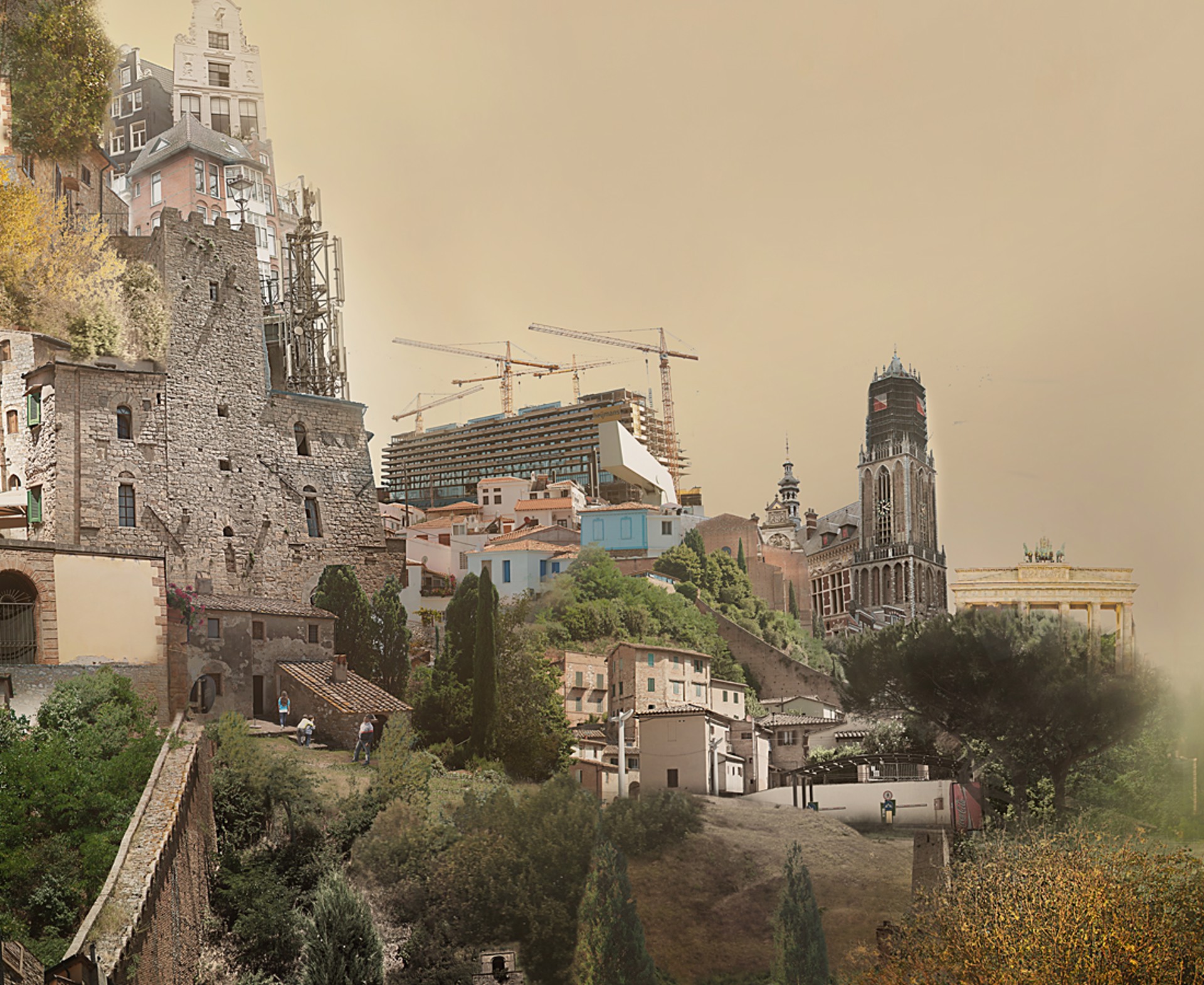 A surreal landscape blending urban sprawl and pastoral simplicity under a brooding sky.