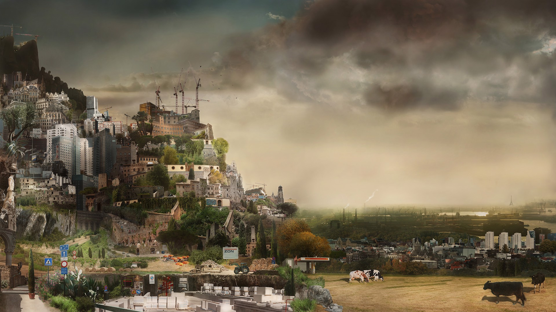 A surreal landscape blending urban sprawl and pastoral simplicity under a brooding sky.