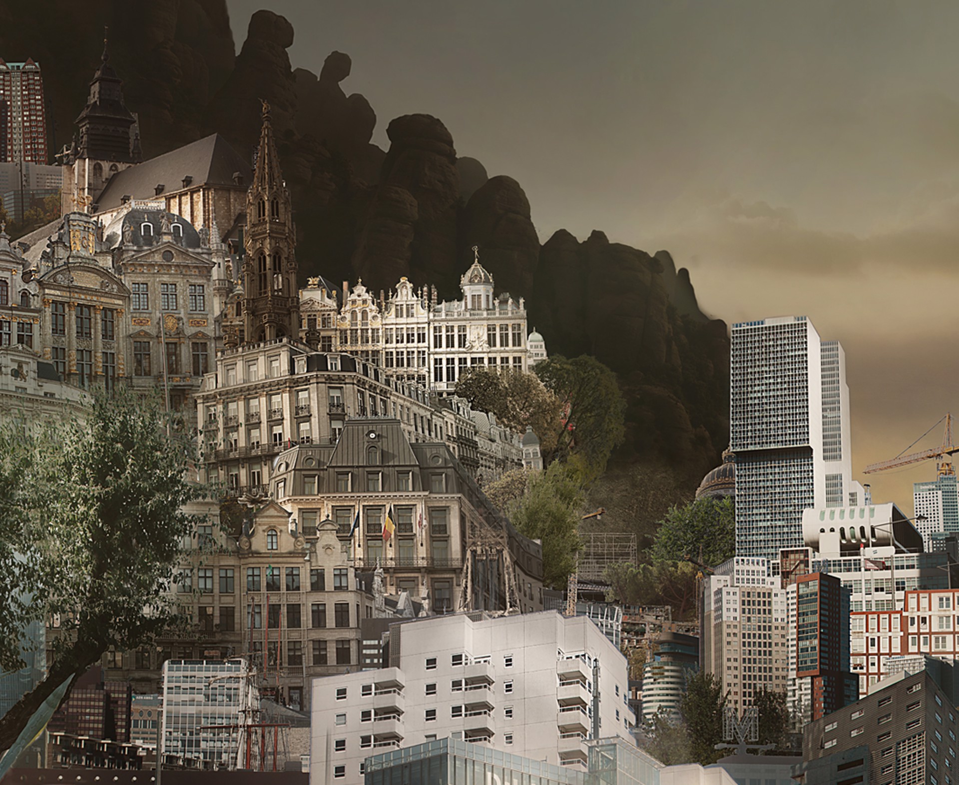 A surreal landscape blending urban sprawl and pastoral simplicity under a brooding sky.