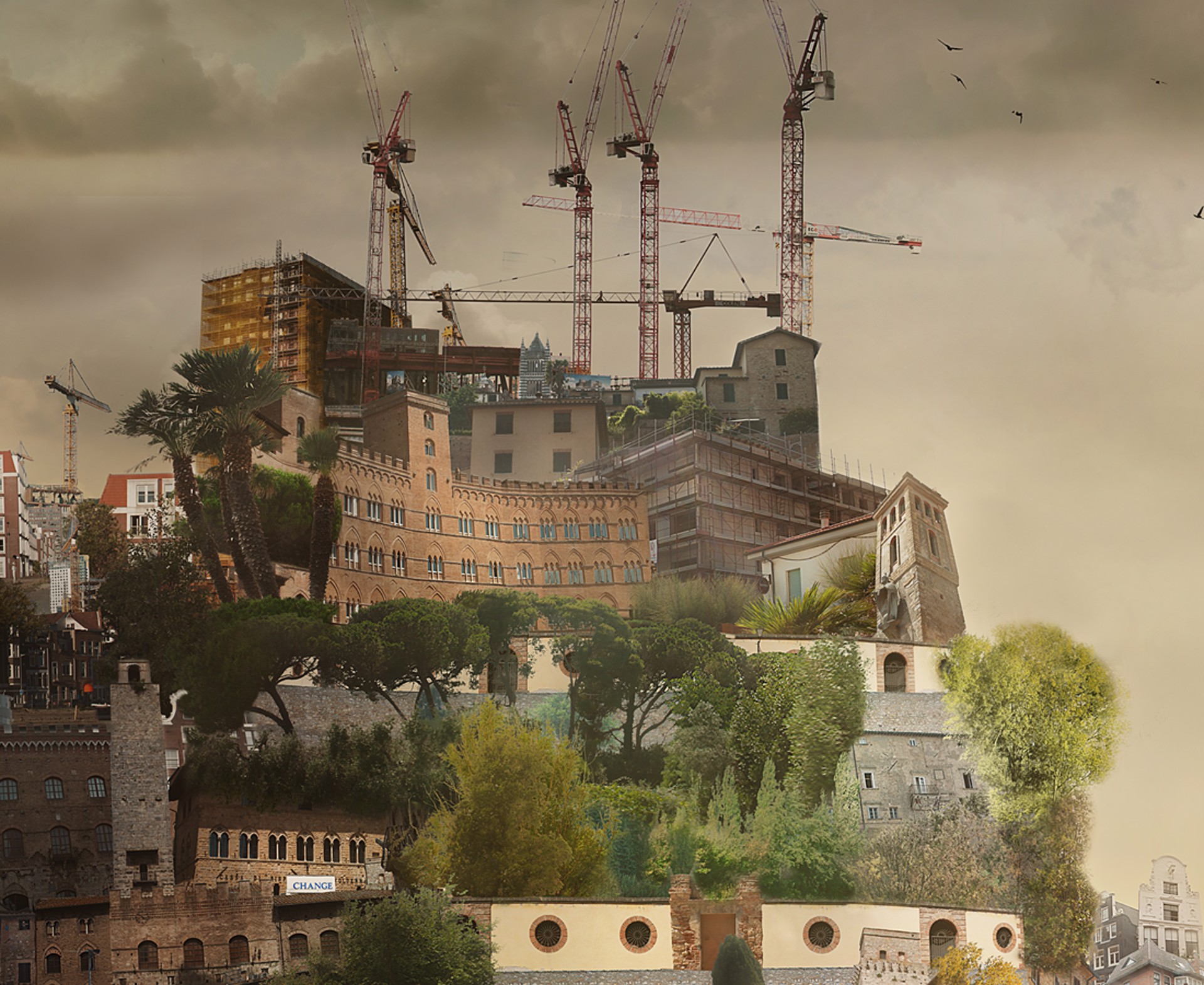 A surreal landscape blending urban sprawl and pastoral simplicity under a brooding sky.