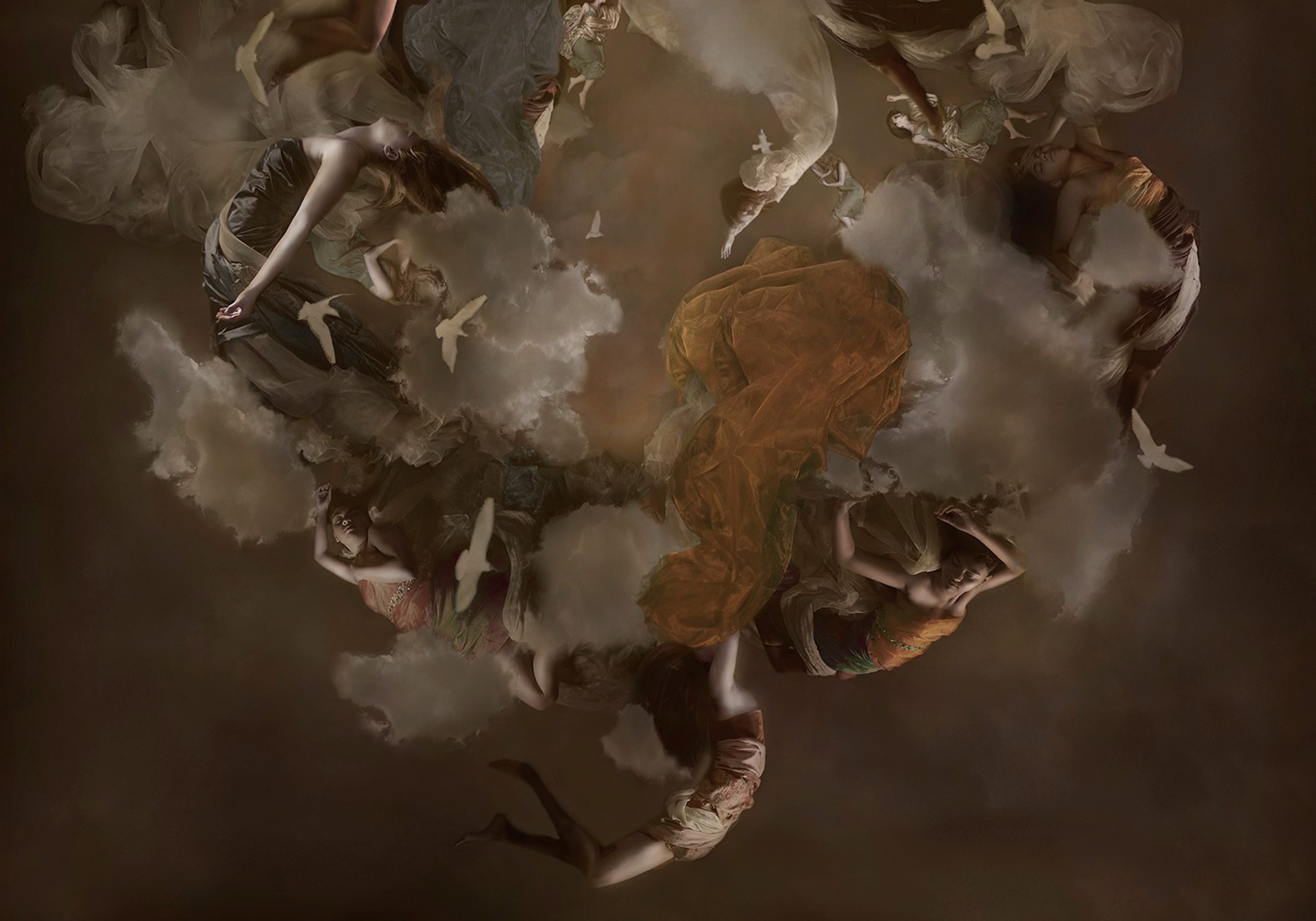 A swirling composition of figures and fabric in a dreamlike, ethereal scene.