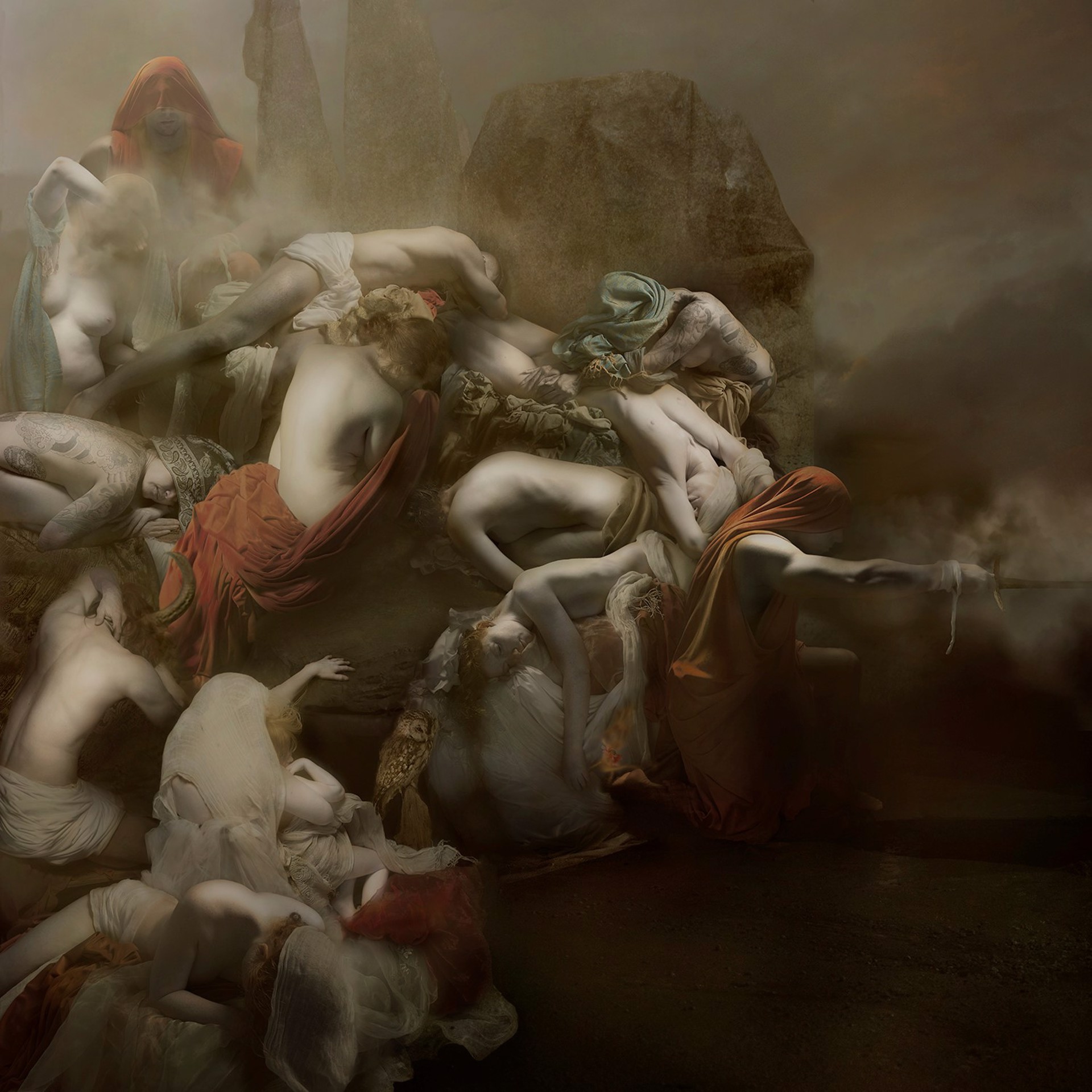 A dramatic classical painting depicting a chaotic scene of multiple nude figures in a rocky landscape.