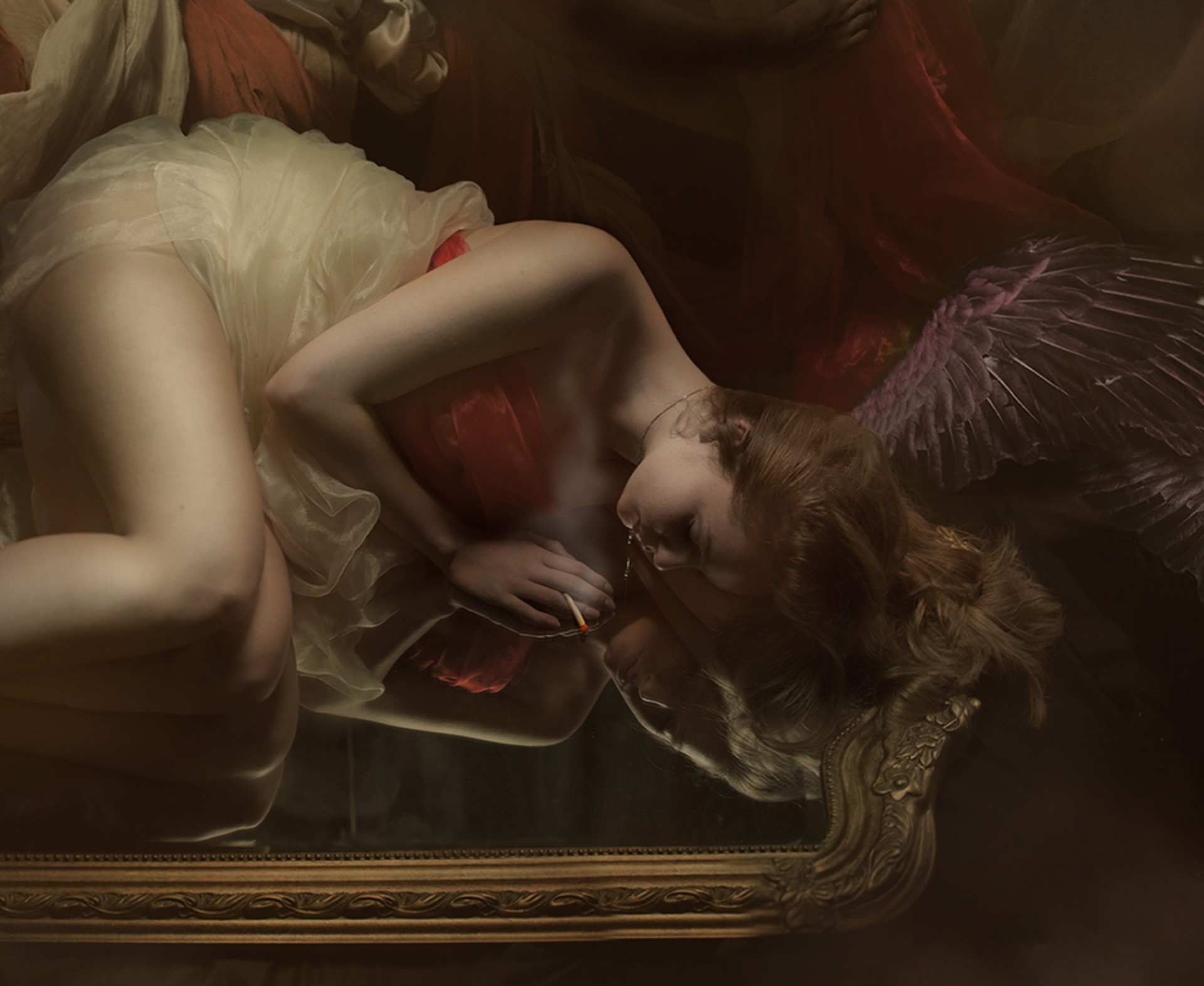 A painting of a group of people laying on top of a bed.
