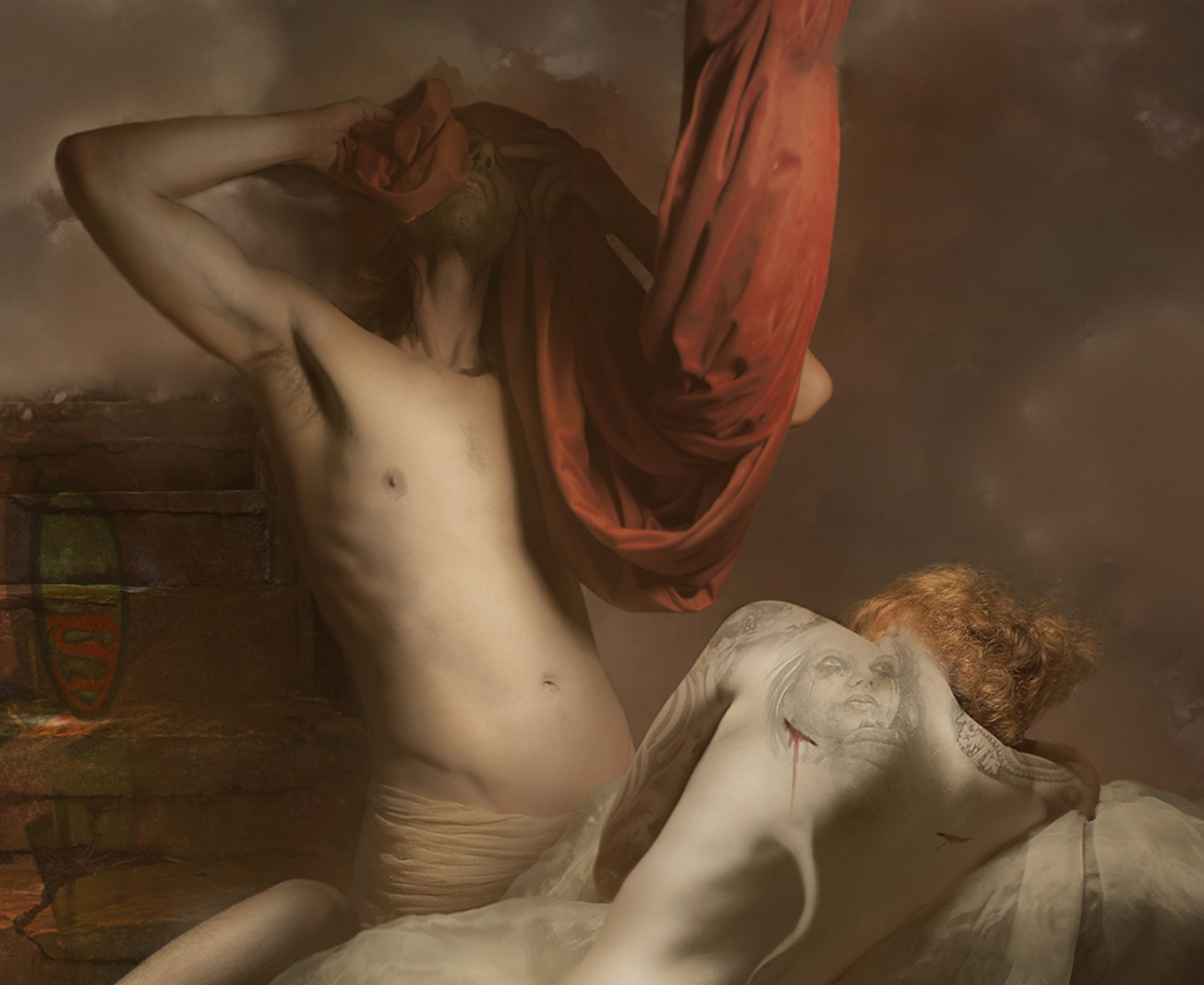 A painting of a group of people laying on top of a bed.