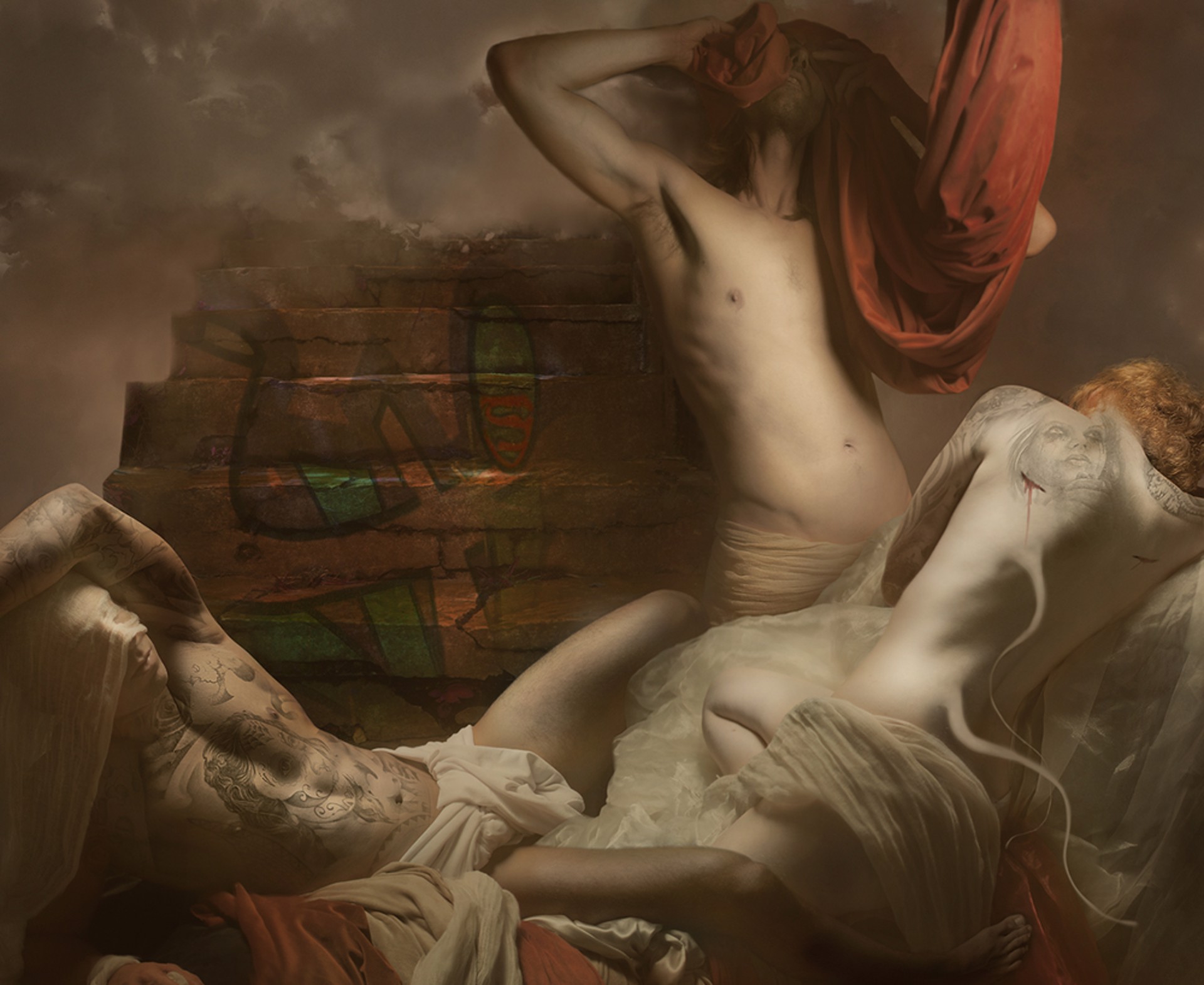 A painting of a group of people laying on top of a bed.