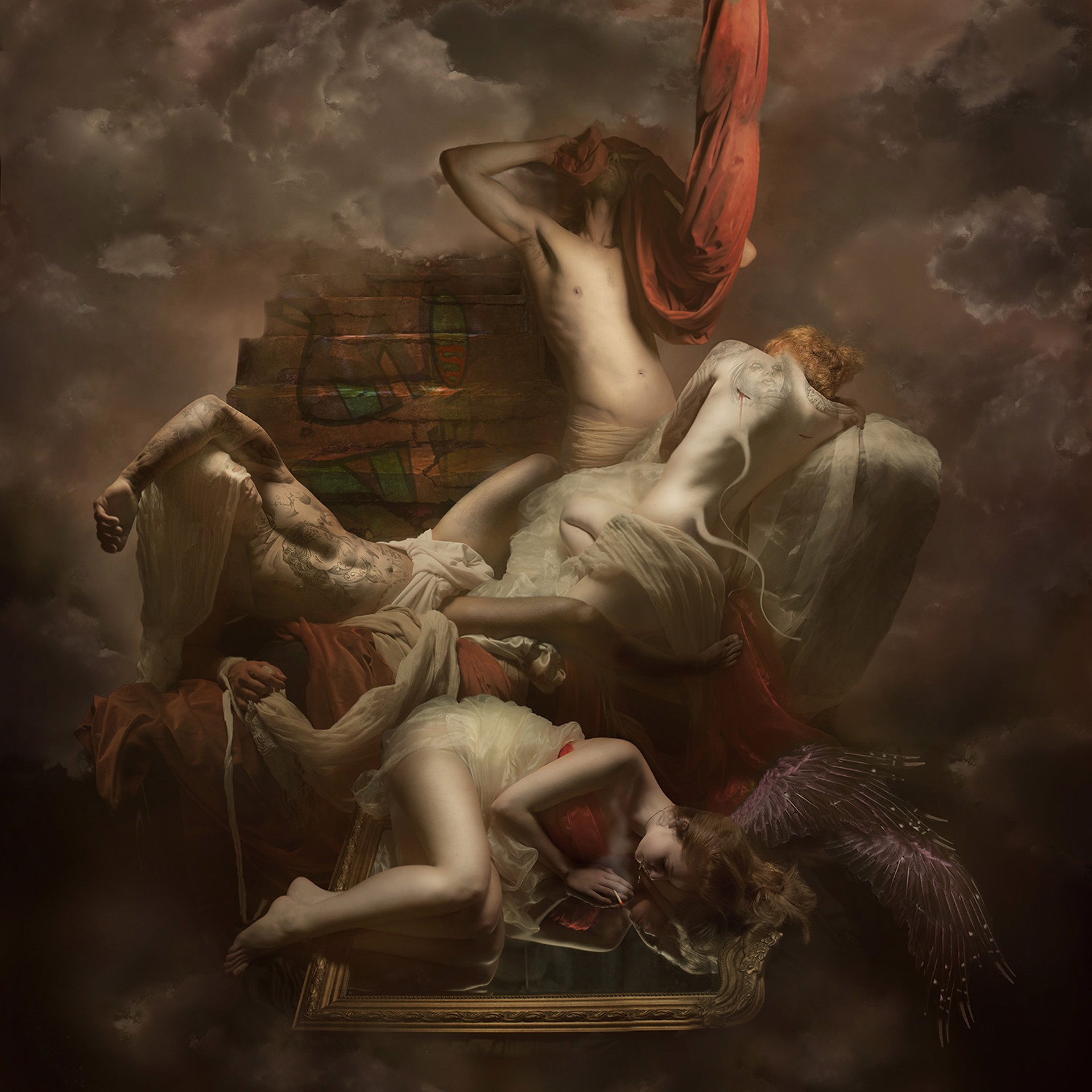 A painting of a group of people laying on top of a bed.