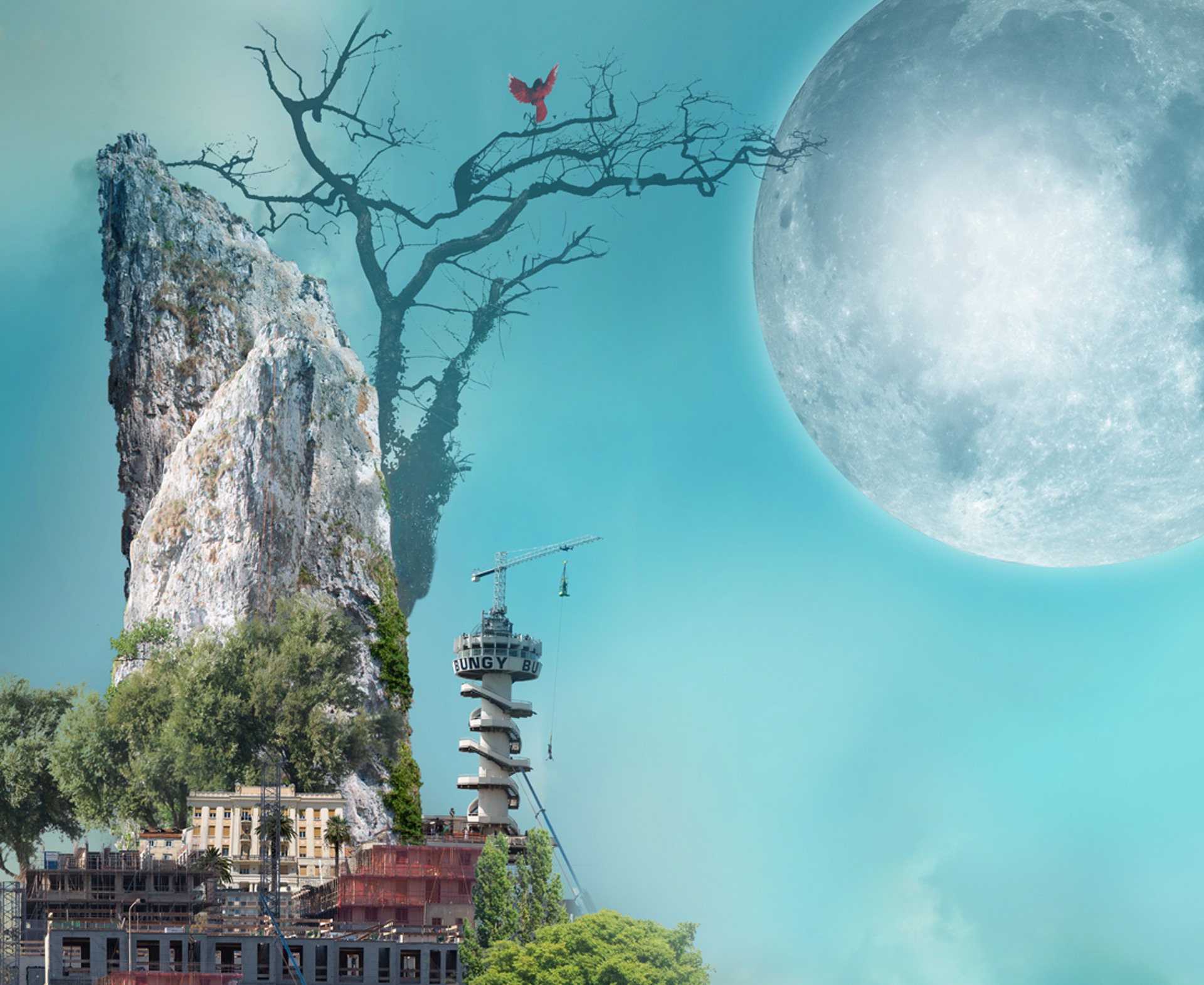 A collage of a city with a full moon in the sky.