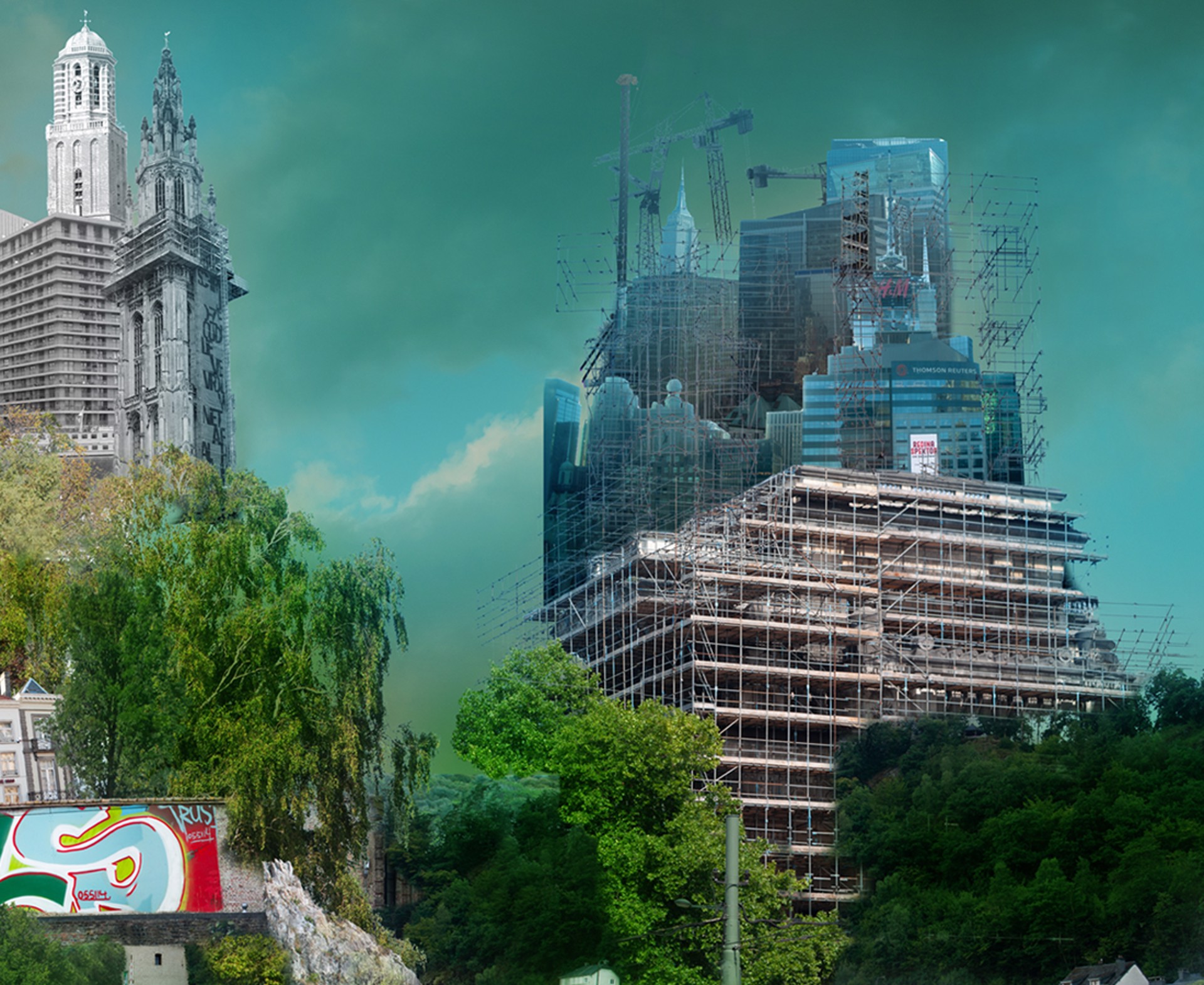 A collage of a city with a full moon in the sky.