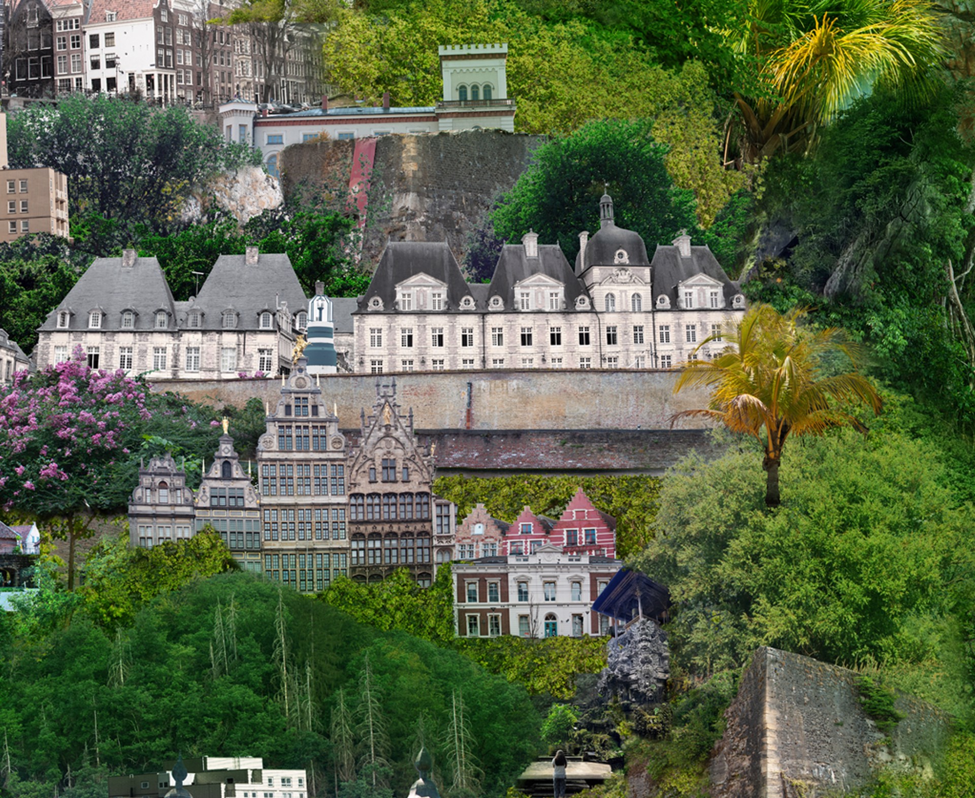 A collage of a city with a full moon in the sky.