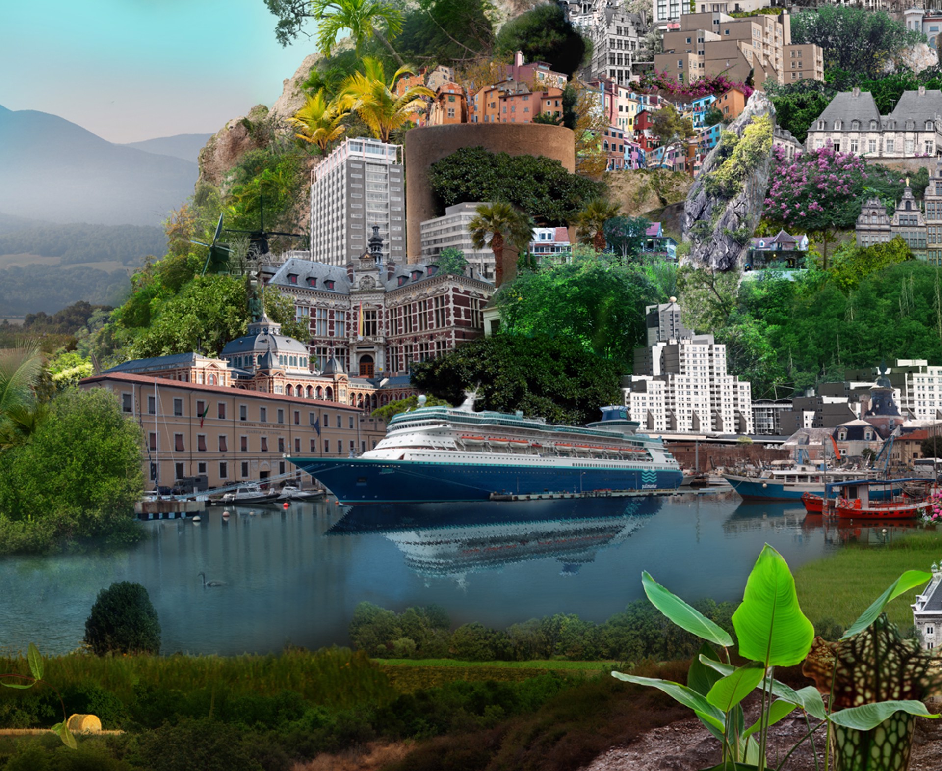 A collage of a city with a full moon in the sky.