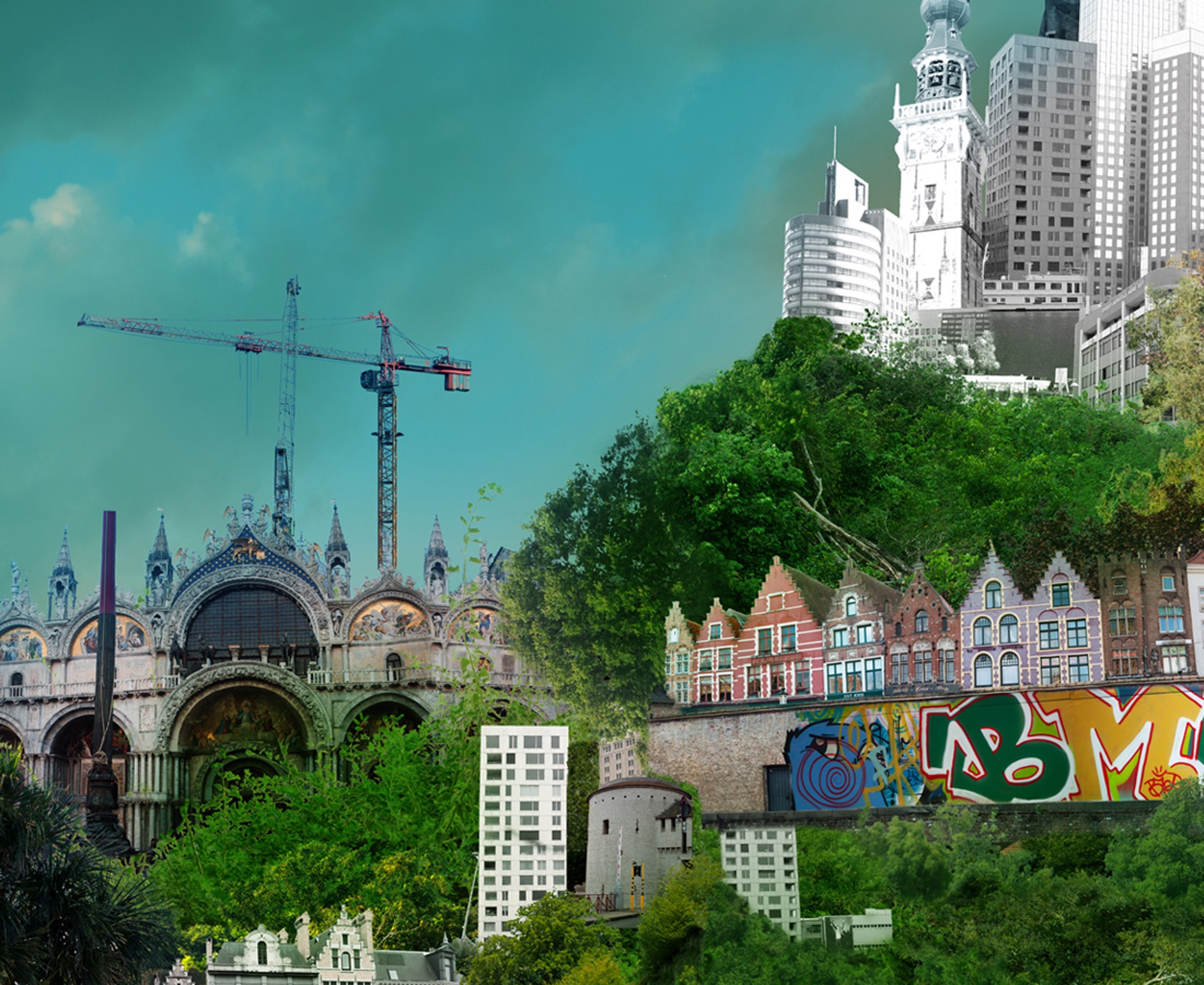 A collage of a city with a full moon in the sky.