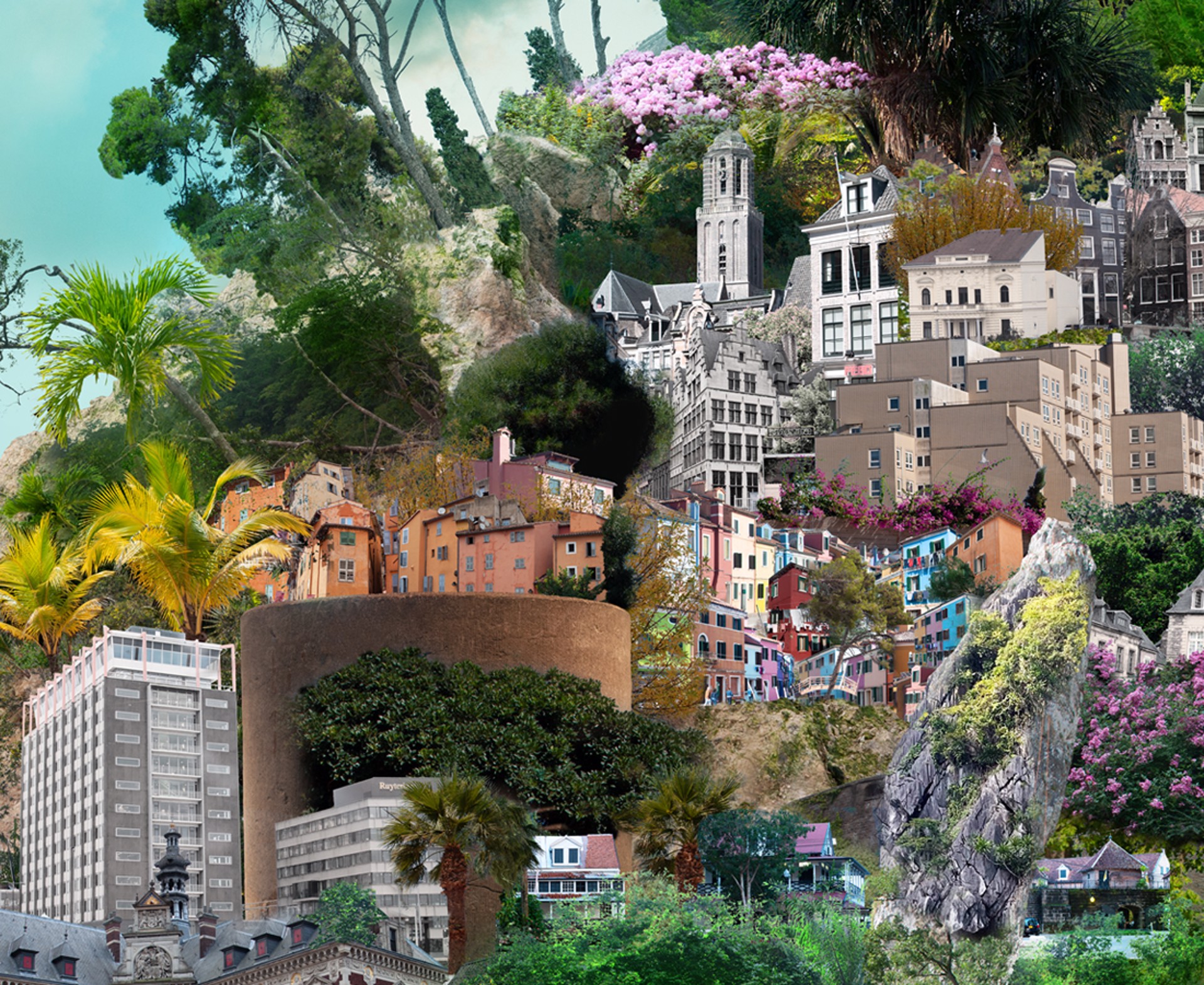 A collage of a city with a full moon in the sky.