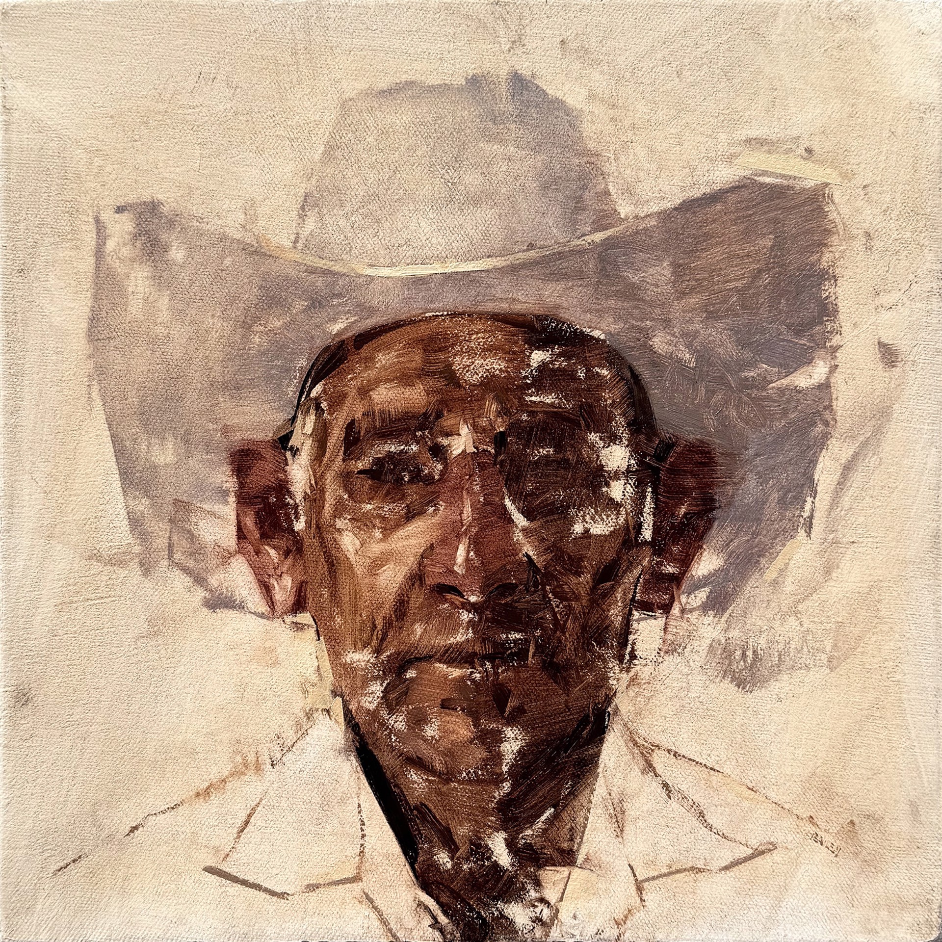 A painting of a man wearing a cowboy hat.