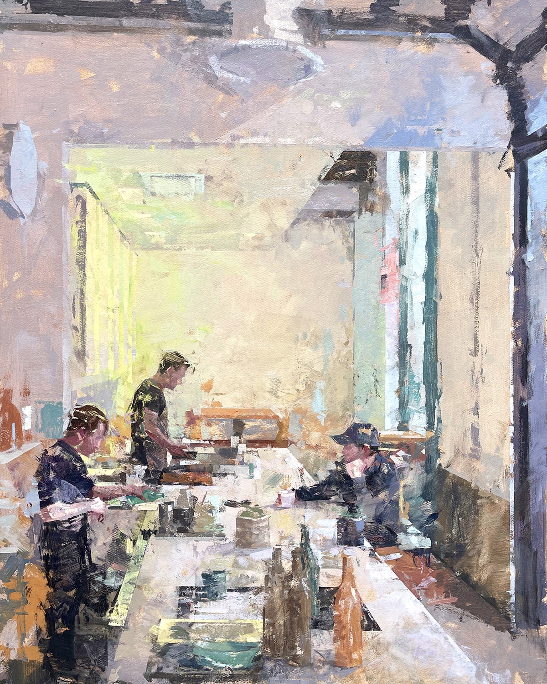 A painterly interior scene of three figures gathered around a long table in a sunlit room.