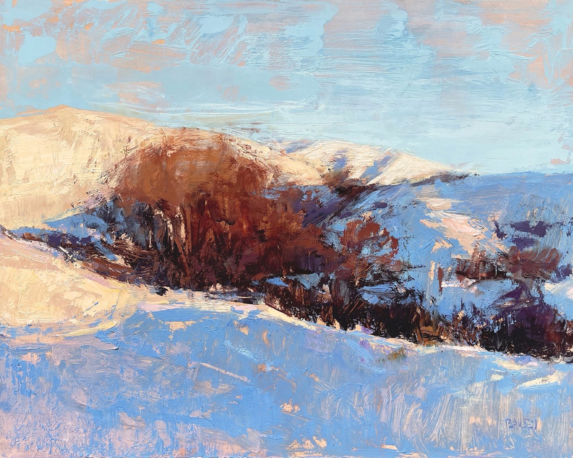 A painting of a snowy landscape with trees in the foreground.
