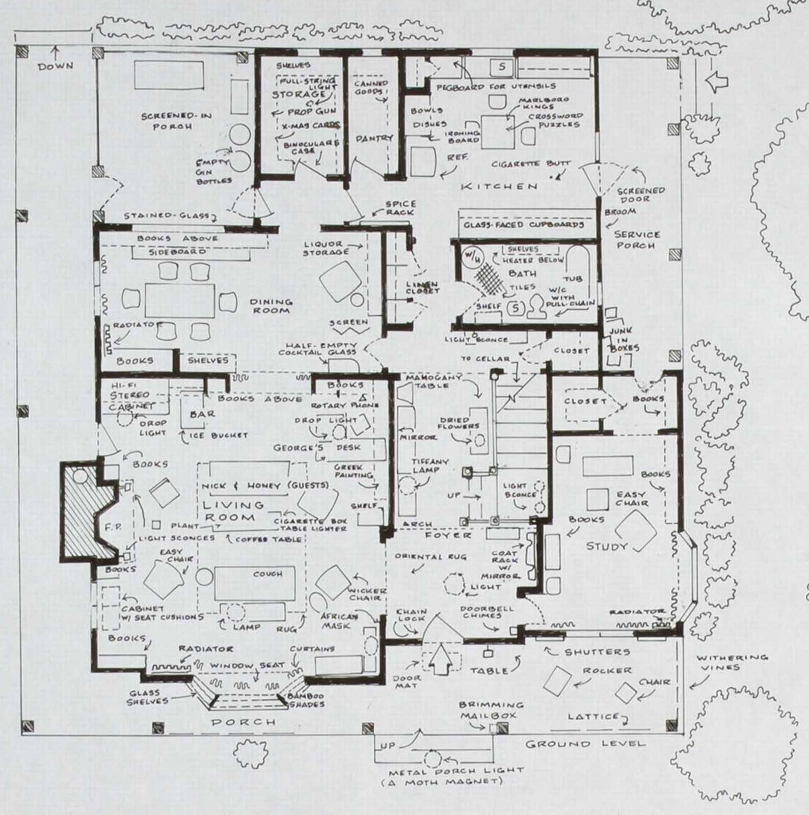 Artwork by Mark Bennett, Home of George & Martha (Who's Afraid of Virginia Woolf), Made of India ink and graphite on vellum 