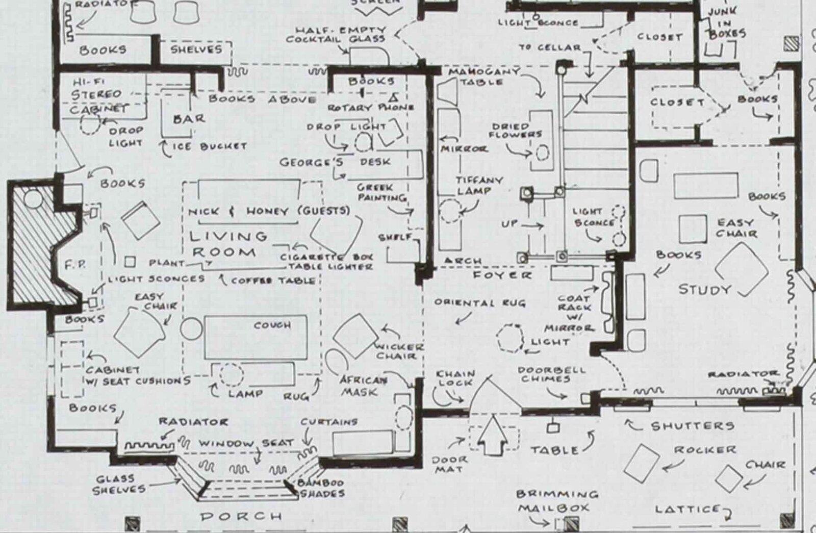 Artwork by Mark Bennett, Home of George & Martha (Who's Afraid of Virginia Woolf), Made of India ink and graphite on vellum 