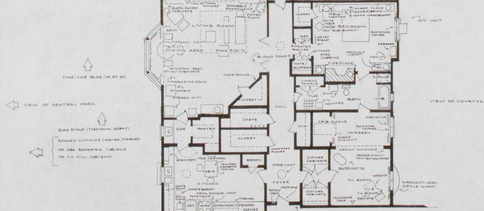 A detailed architectural floor plan of a residential apartment with labeled rooms and furniture.
