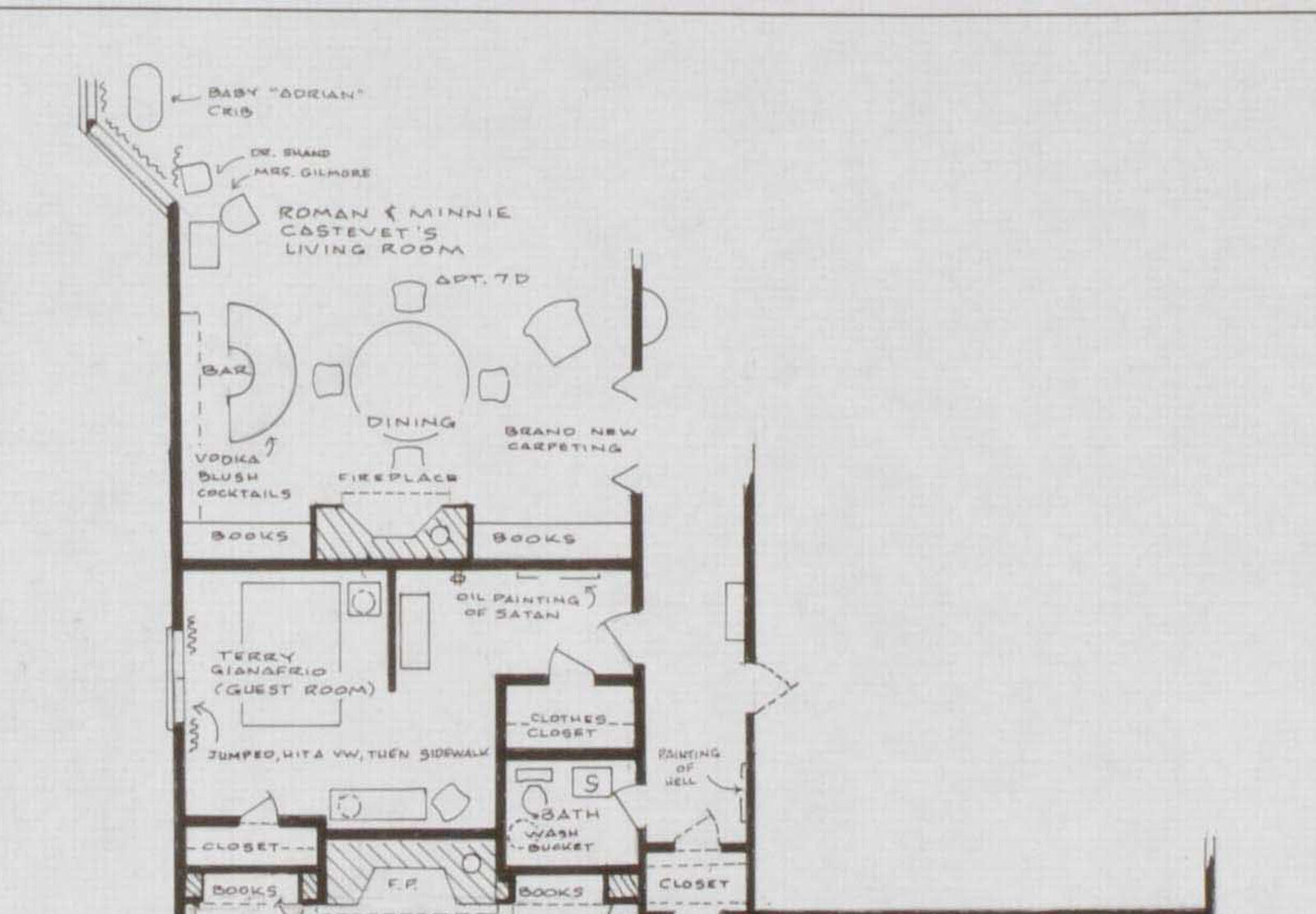 A detailed architectural floor plan of a residential apartment with labeled rooms and furniture.