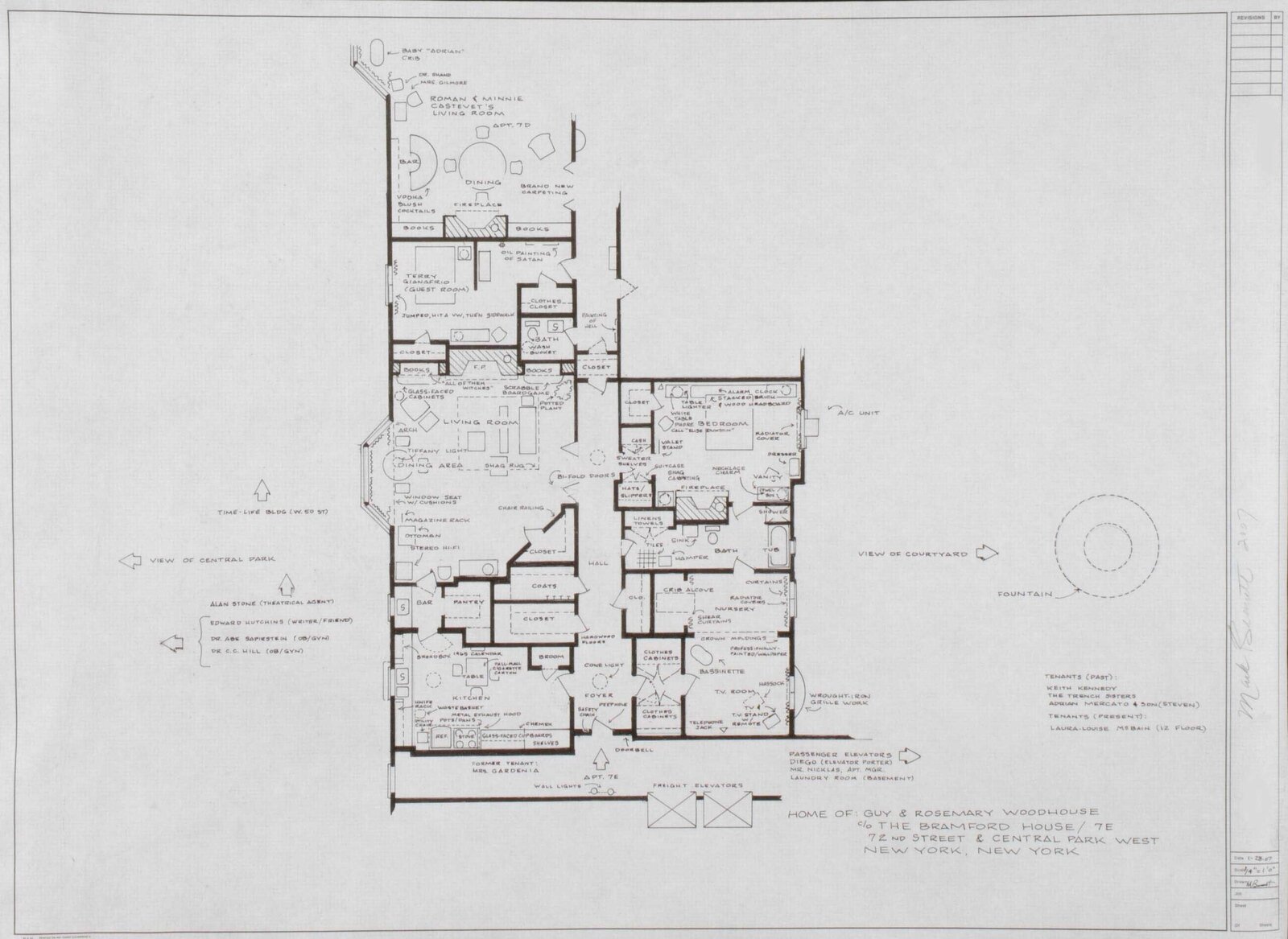 A detailed architectural floor plan of a residential apartment with labeled rooms and furniture.