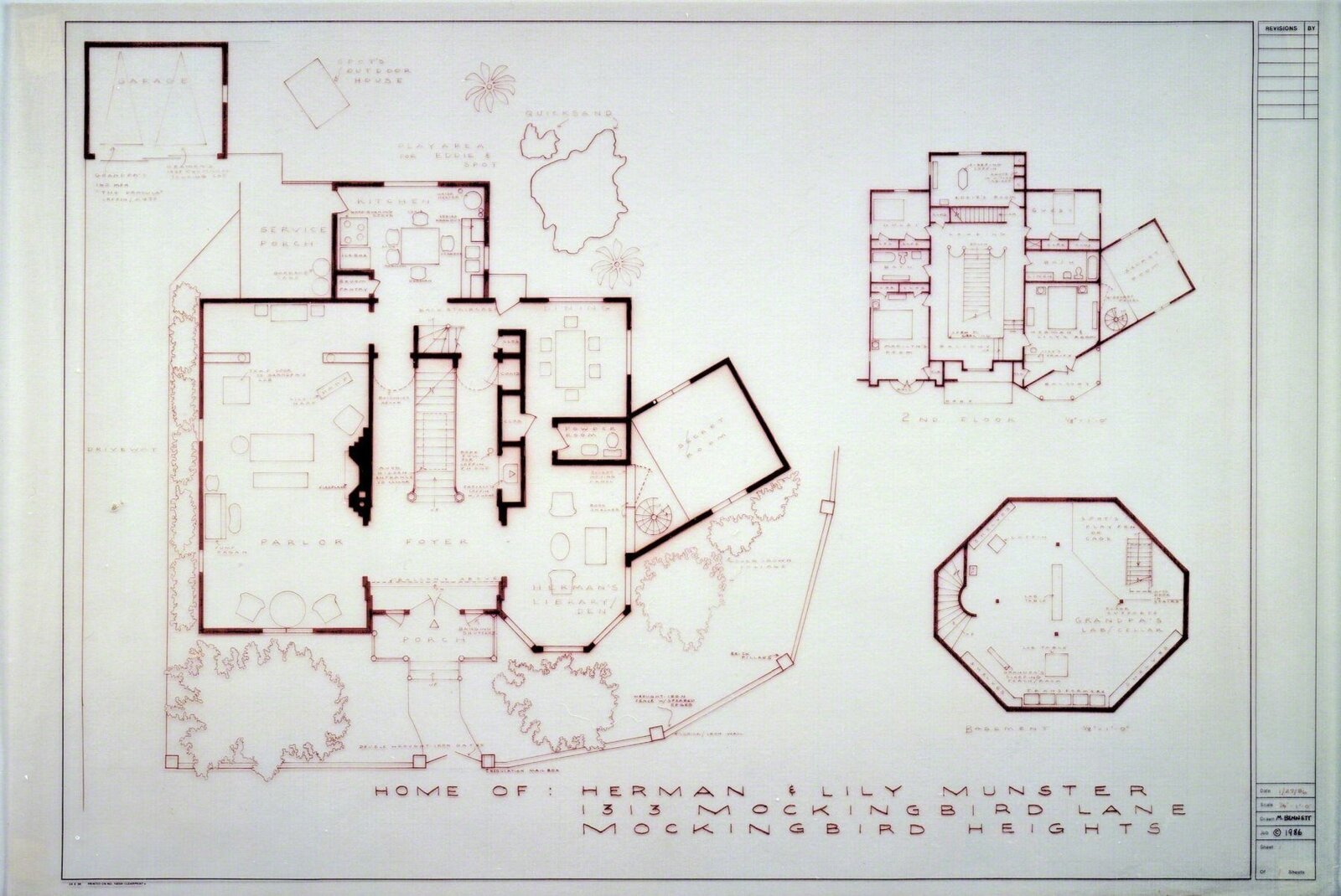 A technical architectural blueprint displaying multiple floor plans of a residential structure.