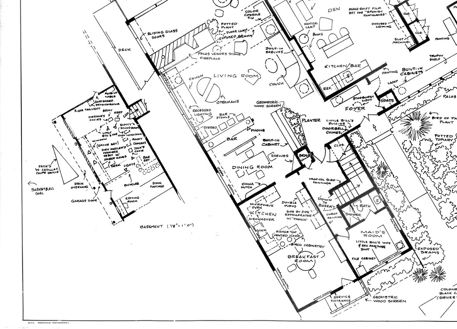 A detailed architectural floor plan of a sprawling multi-room residence surrounded by landscaped grounds.