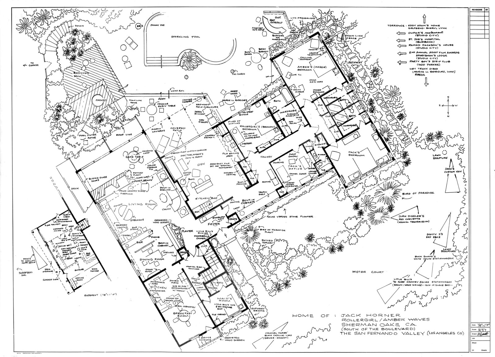 A detailed architectural floor plan of a sprawling multi-room residence surrounded by landscaped grounds.
