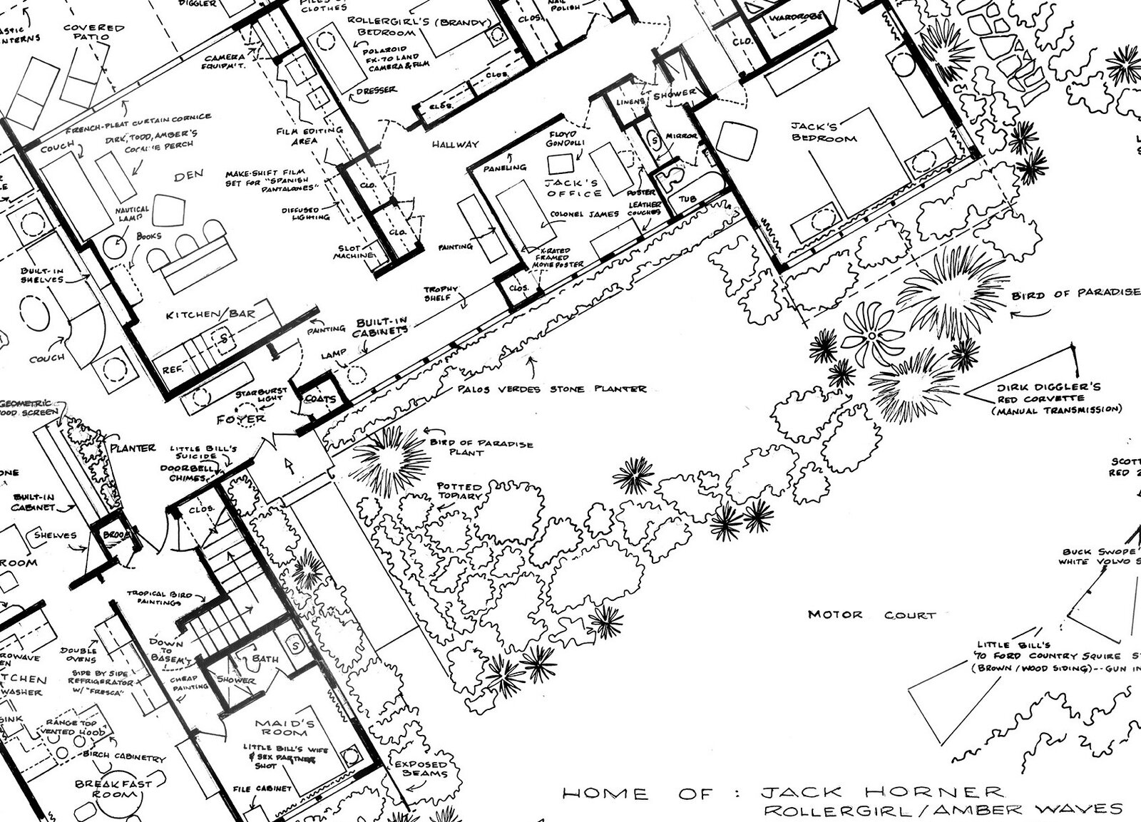 A detailed architectural floor plan of a sprawling multi-room residence surrounded by landscaped grounds.
