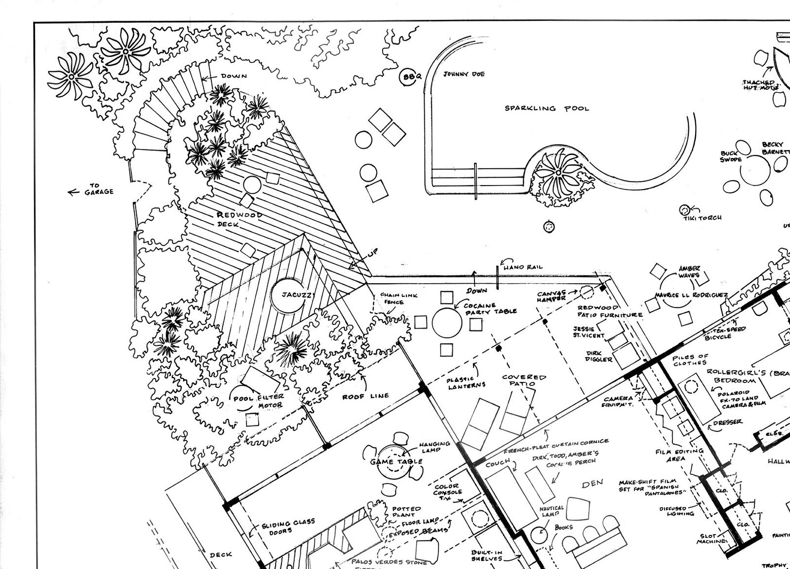 A detailed architectural floor plan of a sprawling multi-room residence surrounded by landscaped grounds.