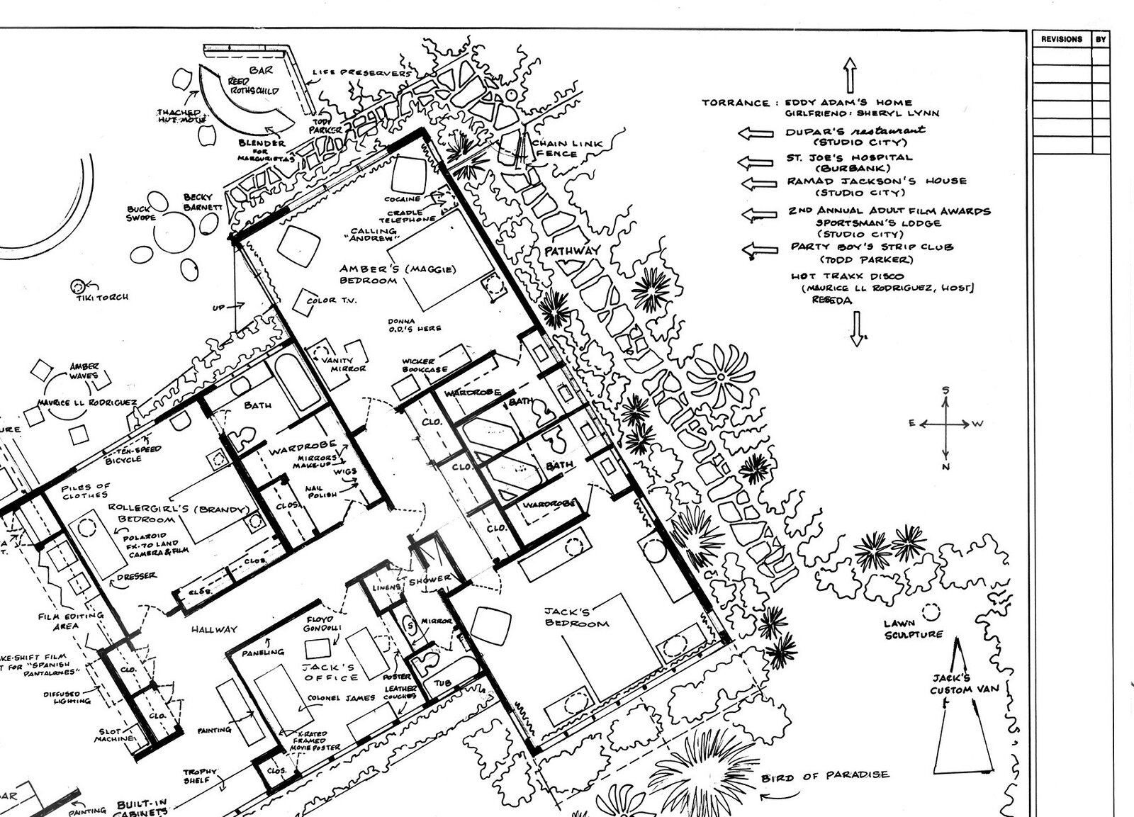 A detailed architectural floor plan of a sprawling multi-room residence surrounded by landscaped grounds.