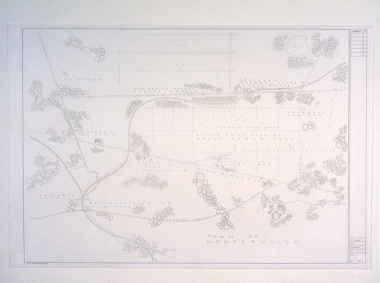 Artwork by Mark Bennett, Town of Hooterville (Petticoat Junction / Green Acres), Made of Ink/pencil of graph vellum 