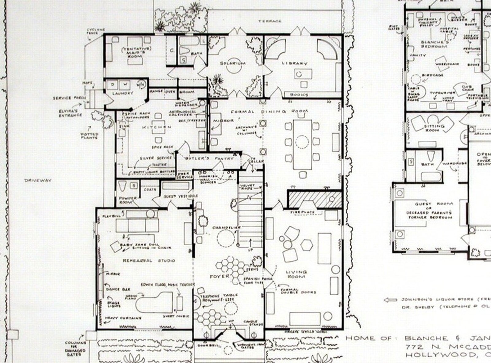 A detailed architectural floor plan of a multi-level residence with labeled rooms and furniture layouts.