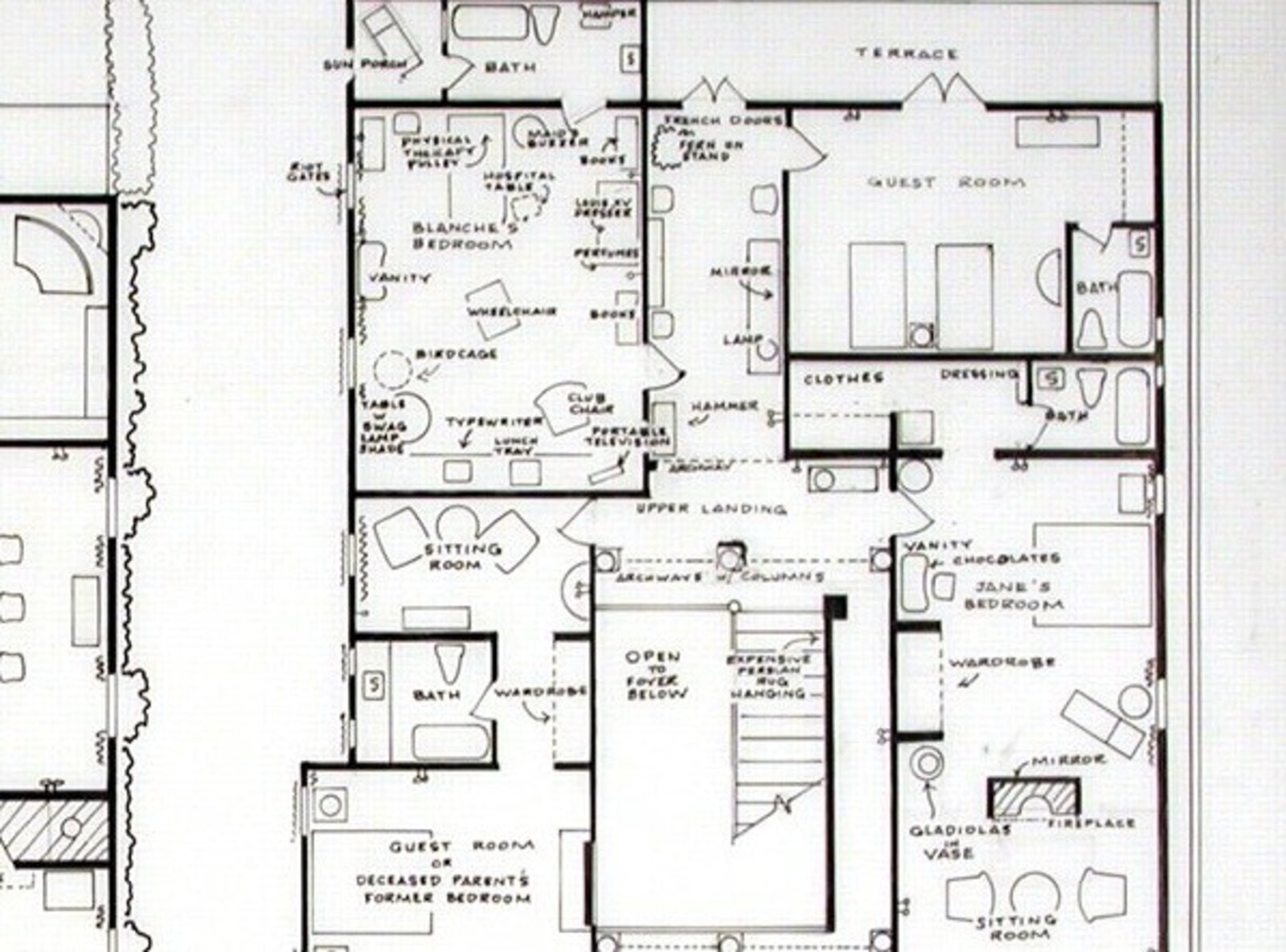 A detailed architectural floor plan of a multi-level residence with labeled rooms and furniture layouts.