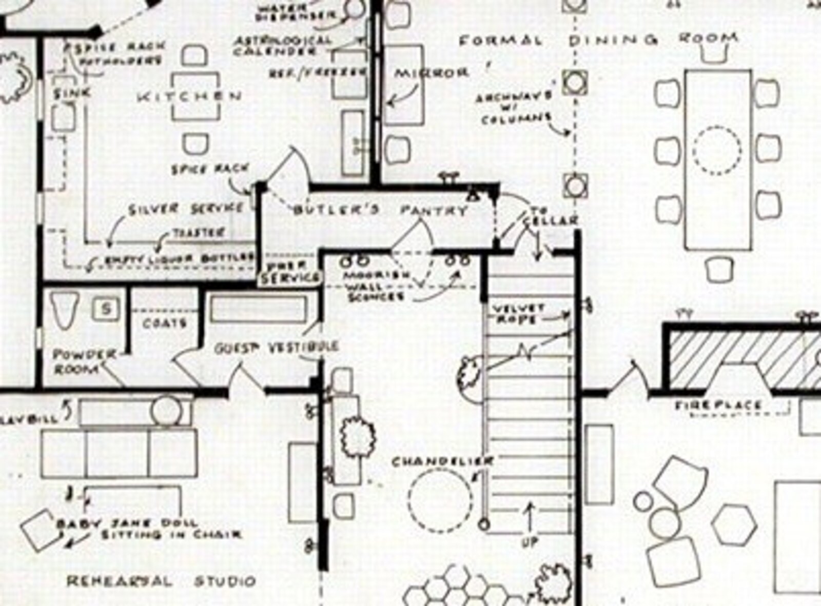 A detailed architectural floor plan of a multi-level residence with labeled rooms and furniture layouts.