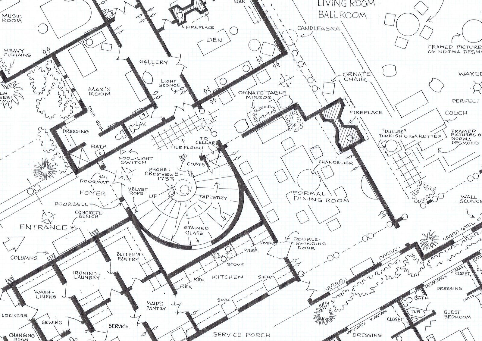 Artwork by Mark Bennett, Home of Norma Desmond (Sunset Boulevard), Made of India ink and graphite on vellum 