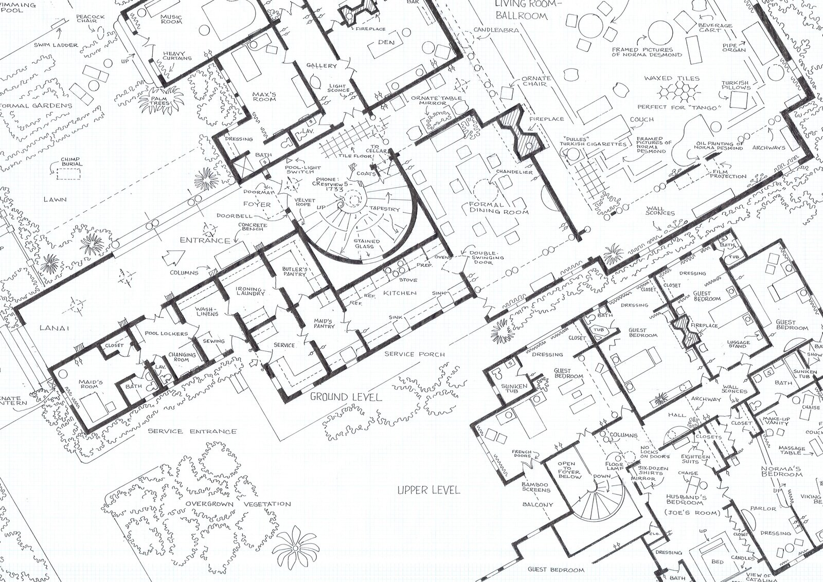 Artwork by Mark Bennett, Home of Norma Desmond (Sunset Boulevard), Made of India ink and graphite on vellum 