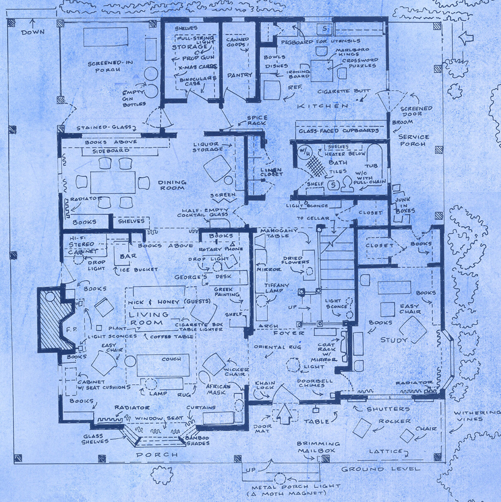 A detailed architectural blueprint of a two-story home with extensive annotations and site notes.