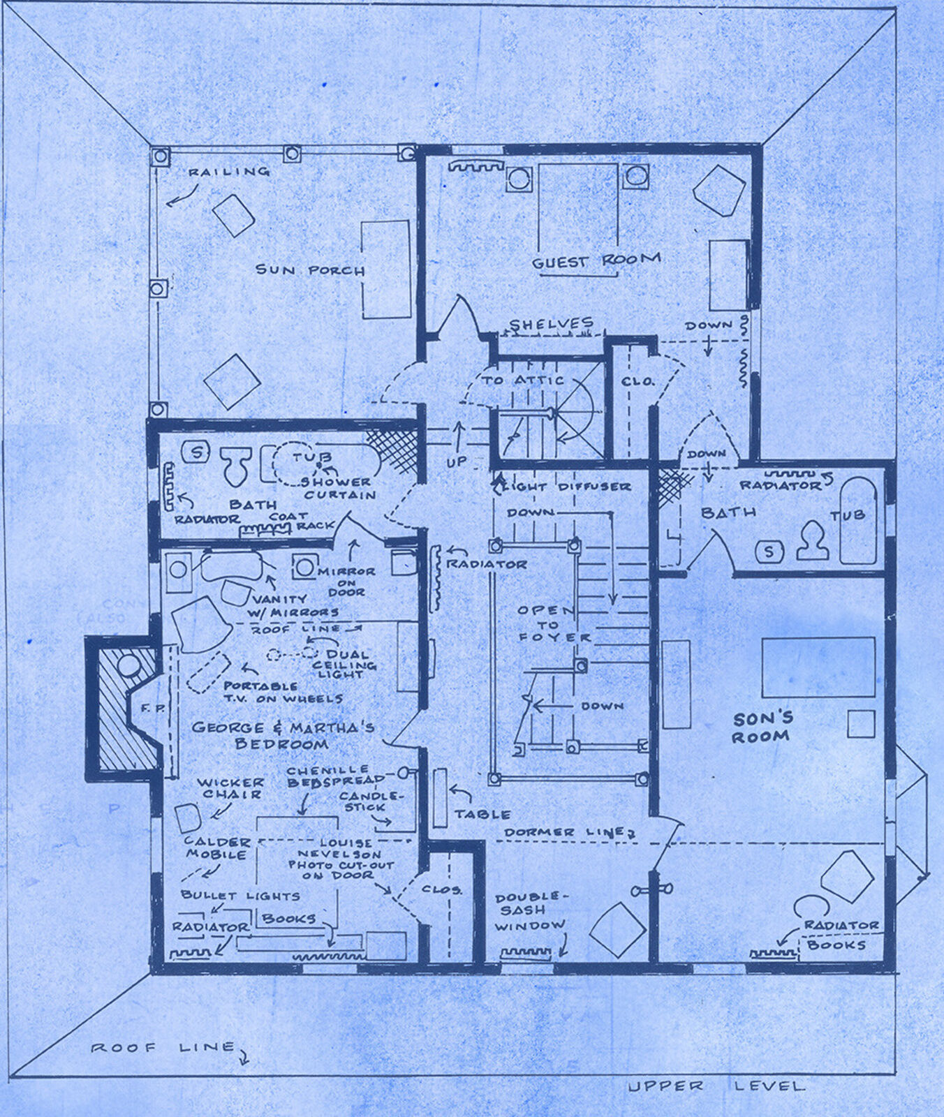 A detailed architectural blueprint of a two-story home with extensive annotations and site notes.