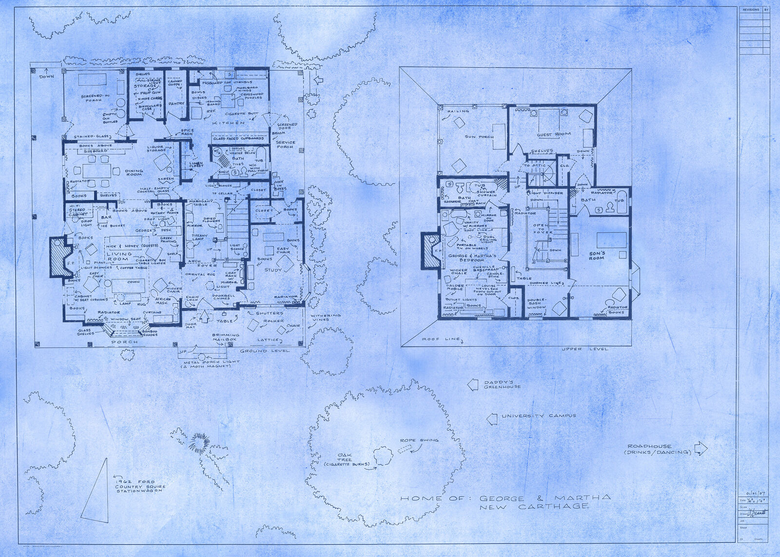 A detailed architectural blueprint of a two-story home with extensive annotations and site notes.
