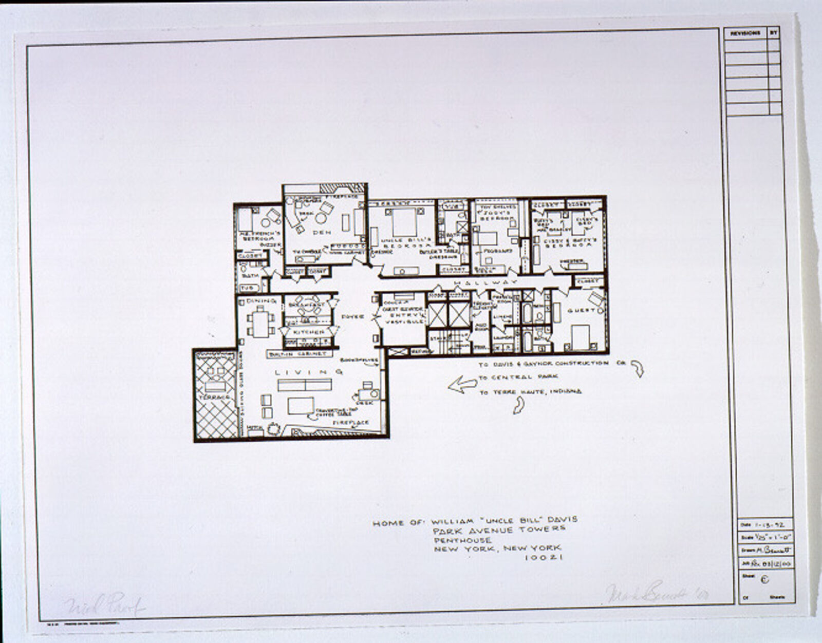 A black-and-white architectural floor plan of a penthouse layout.