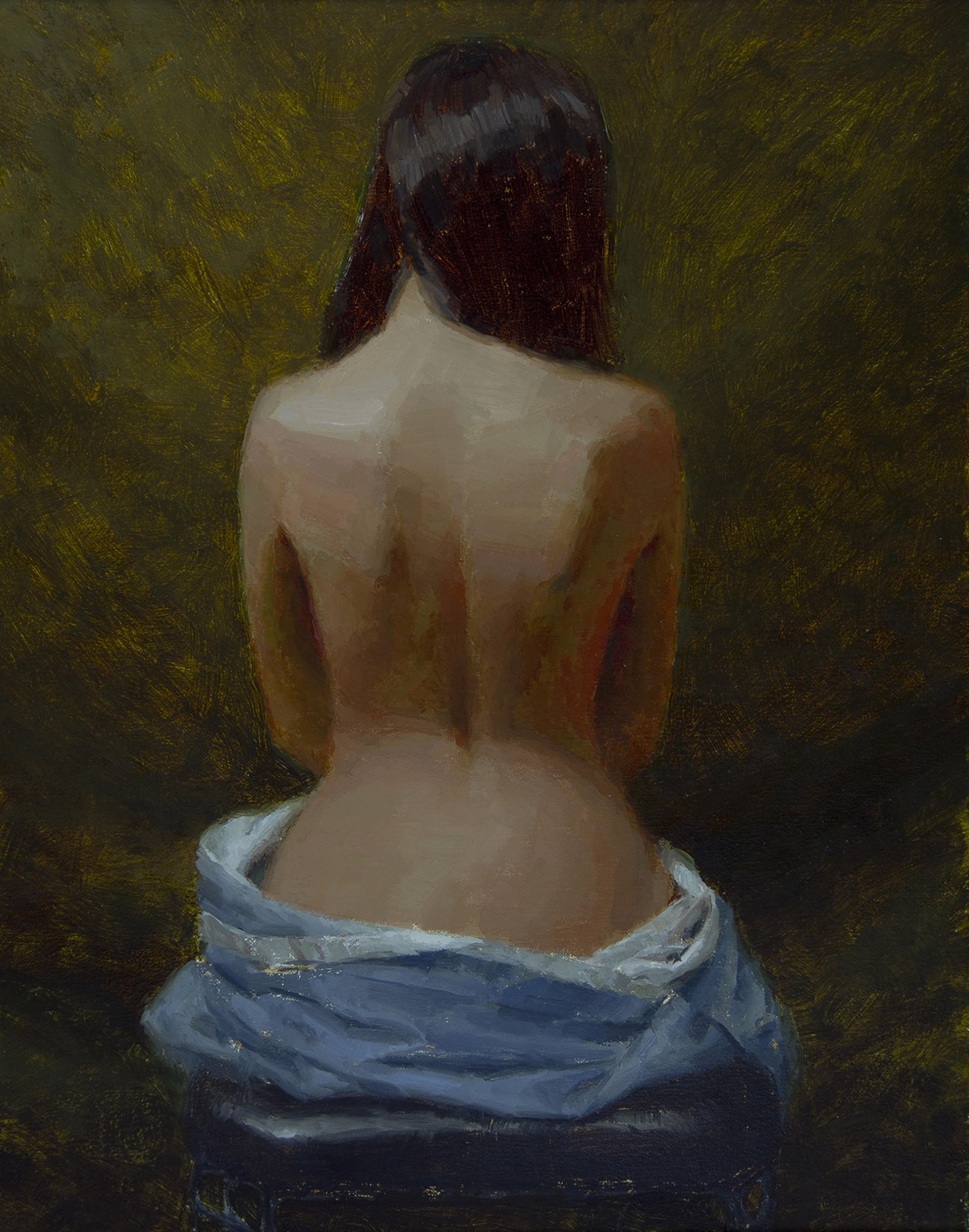 A painting of a woman wrapped in a blue towel.