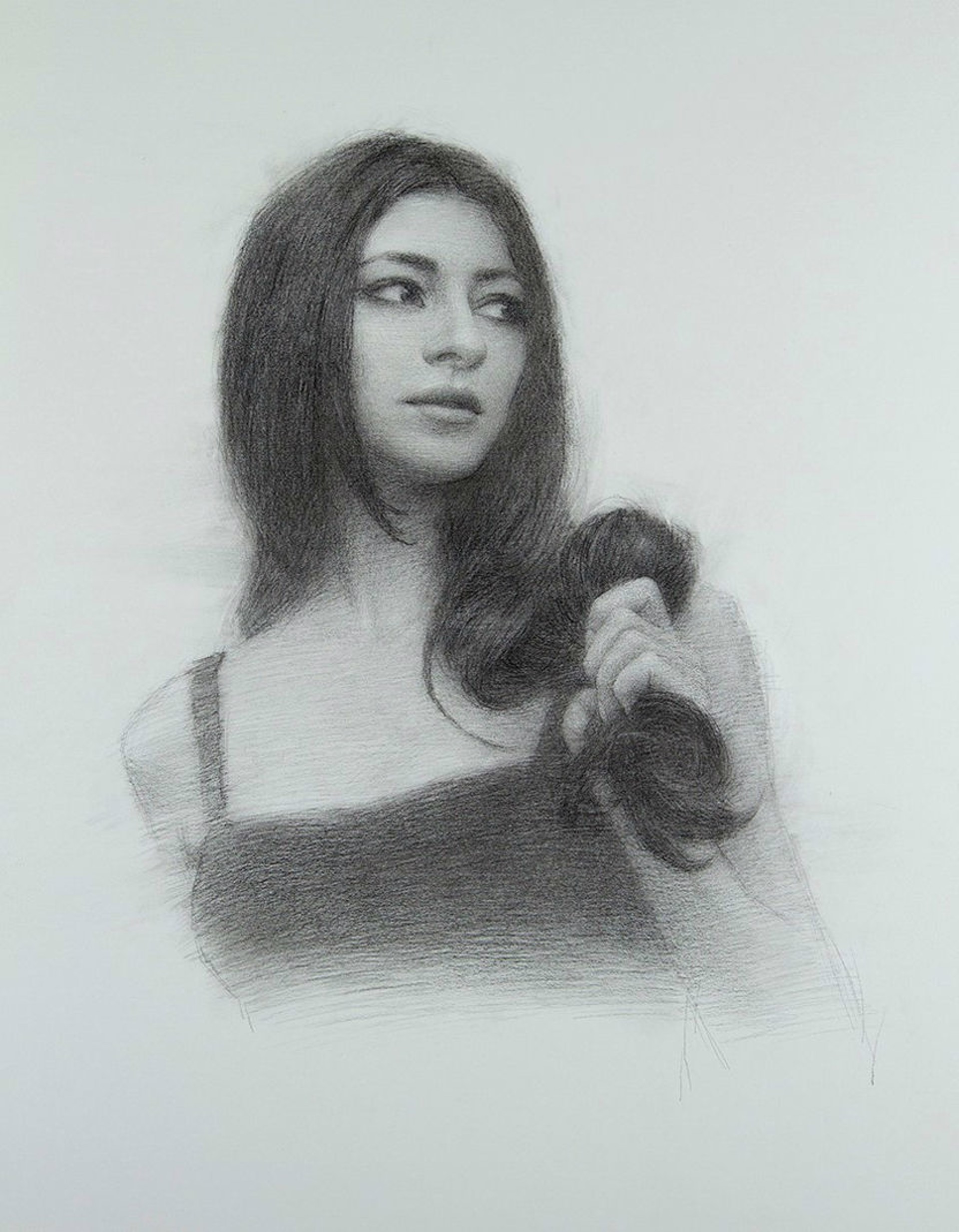 A drawing of a woman holding a hairbrush in her hand.