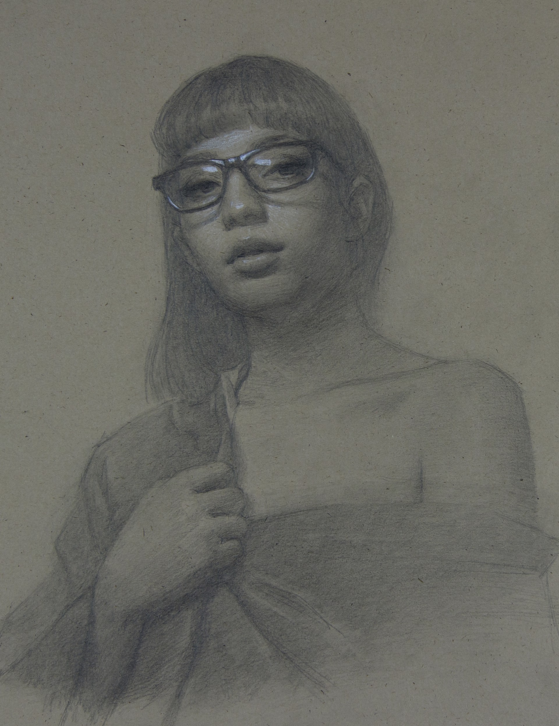 A drawing of a woman with glasses on her face.