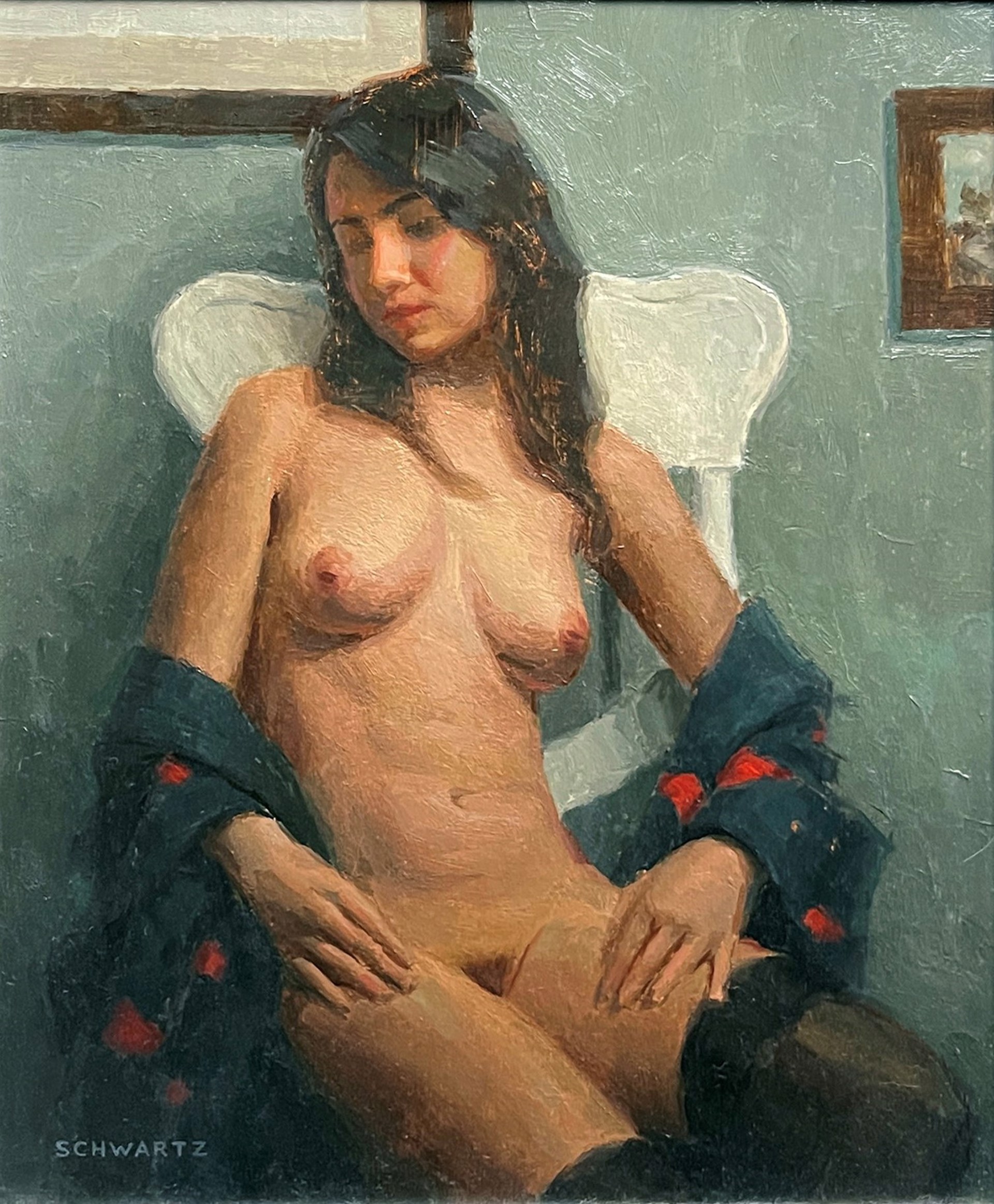 A painting of a nude woman sitting on a chair.