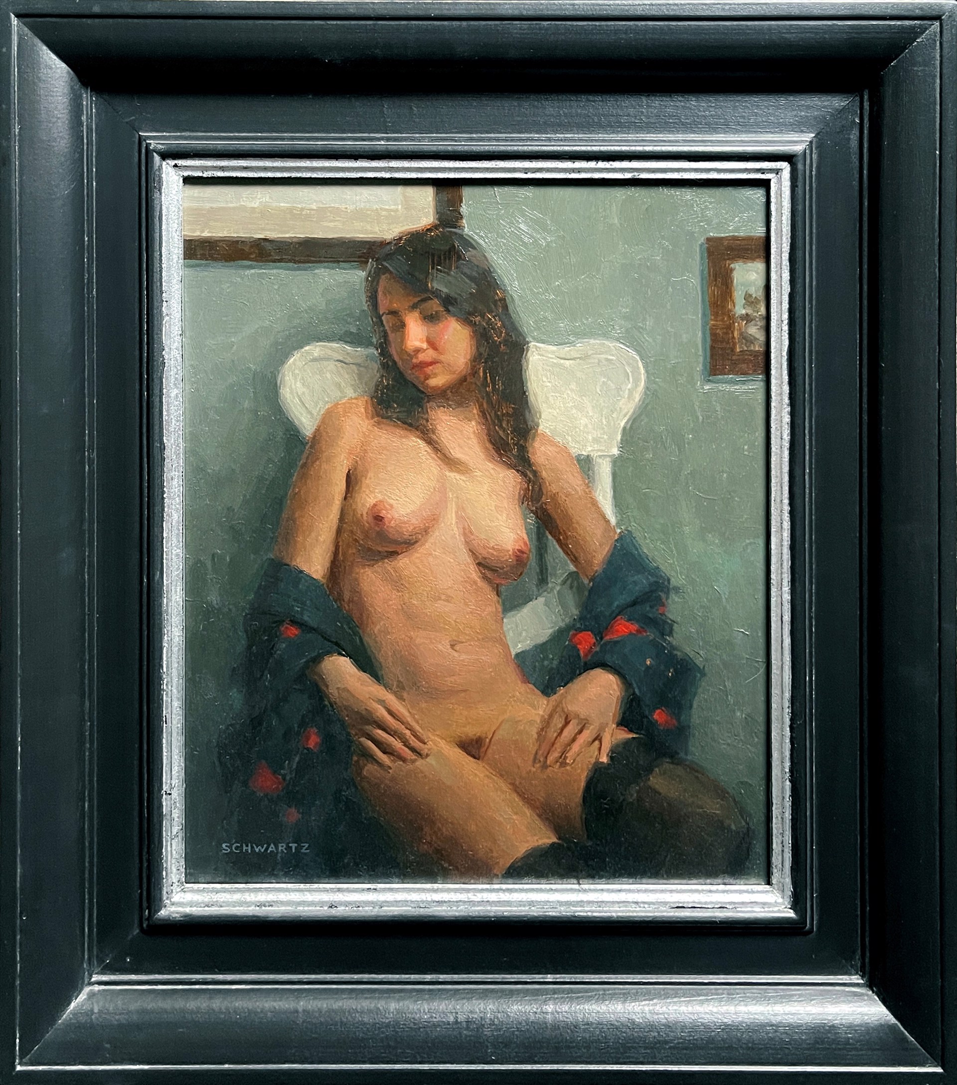 A painting of a nude woman sitting on a chair.