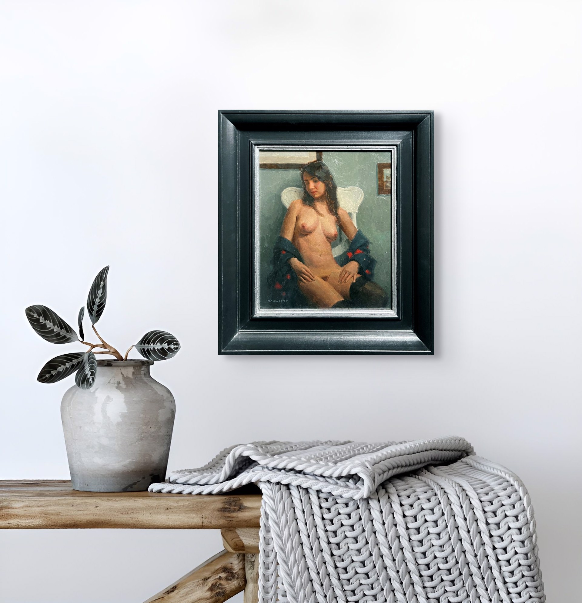 A painting of a nude woman sitting on a chair.