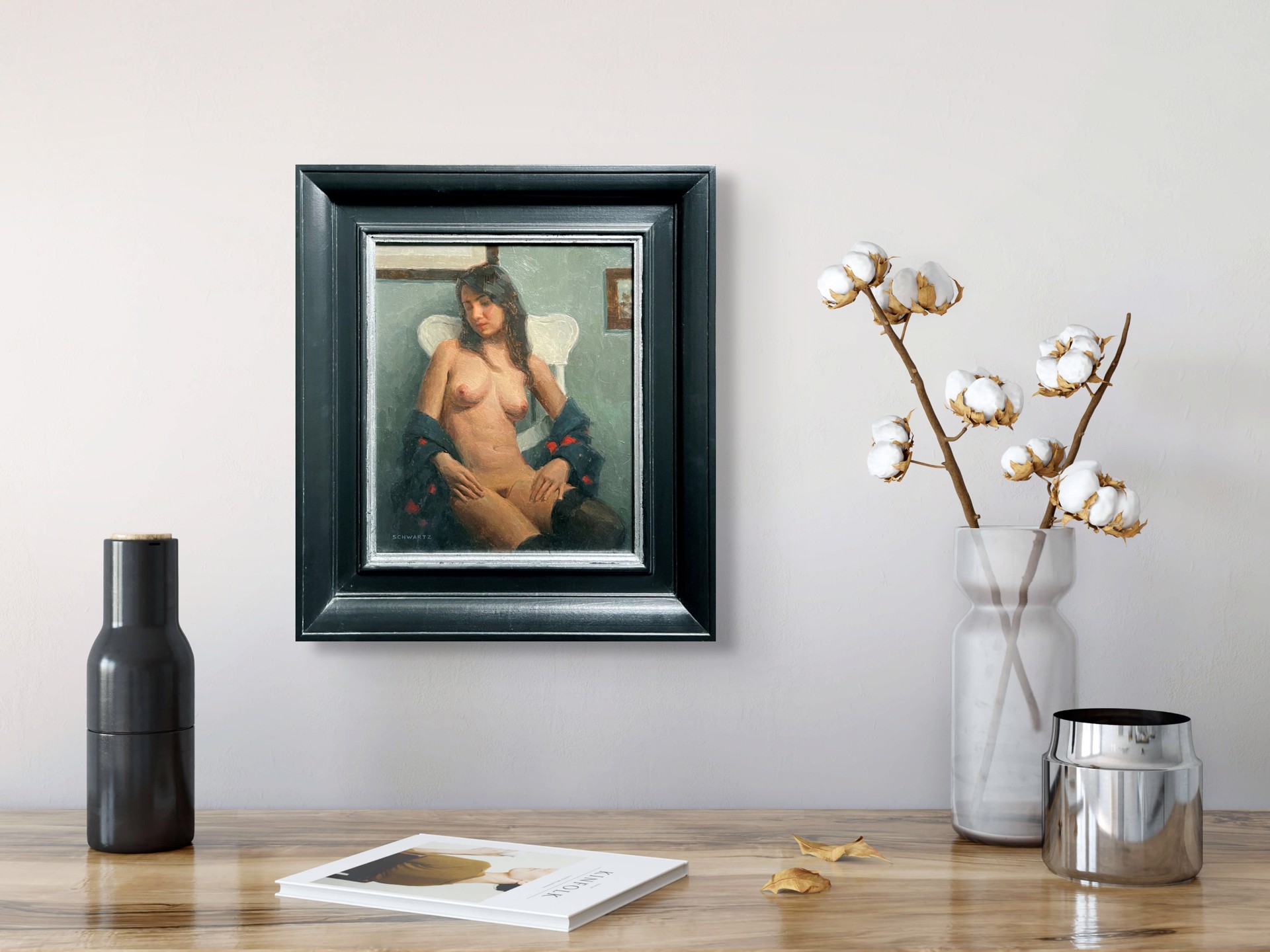 A painting of a nude woman sitting on a chair.