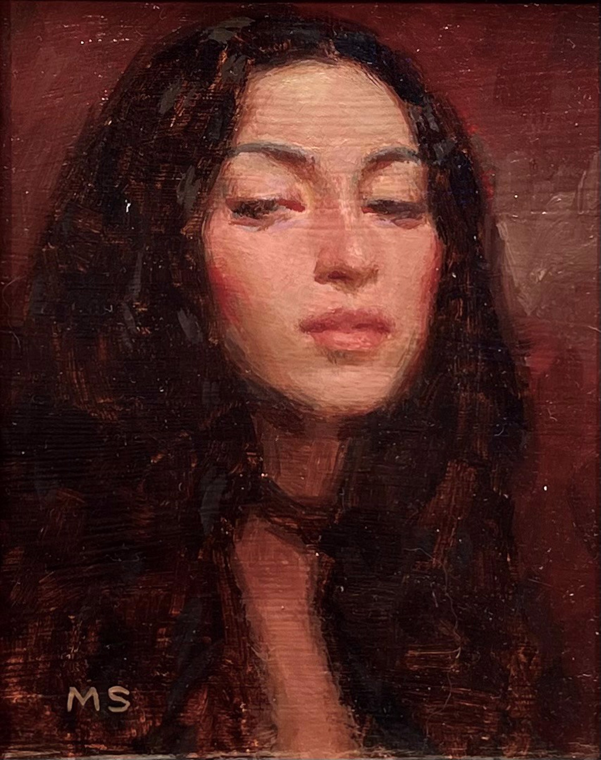 A painting of a woman with her eyes closed. 