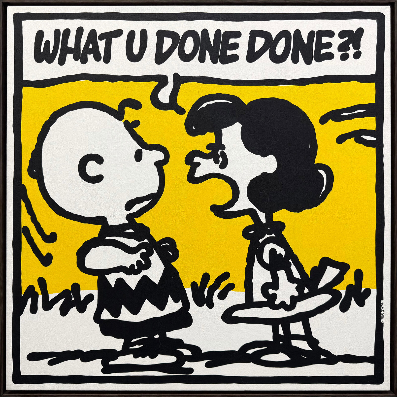 A painting of a Charlie Brown and Snoopy talking to each other.
