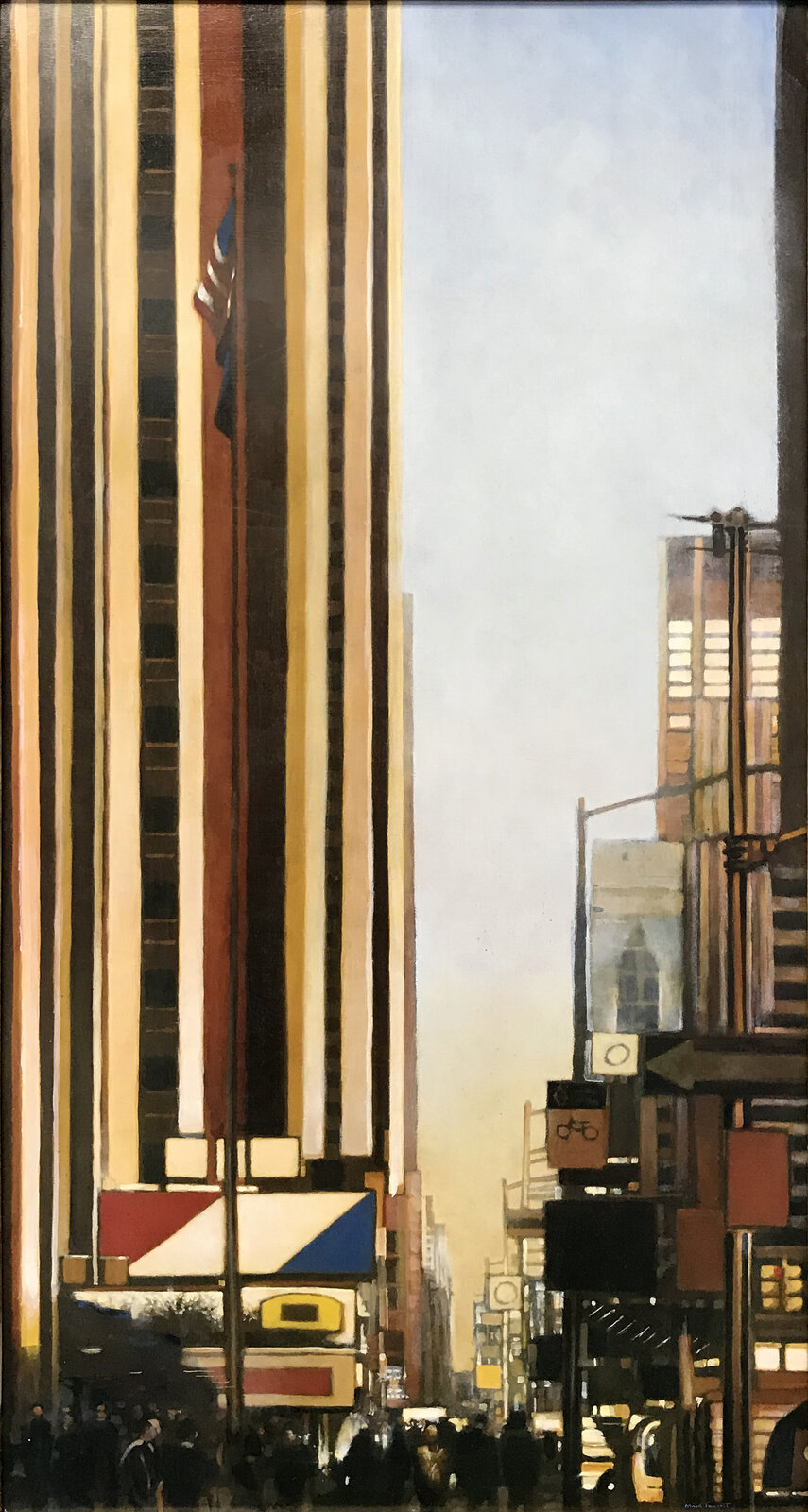 A painting of a city street with tall buildings.